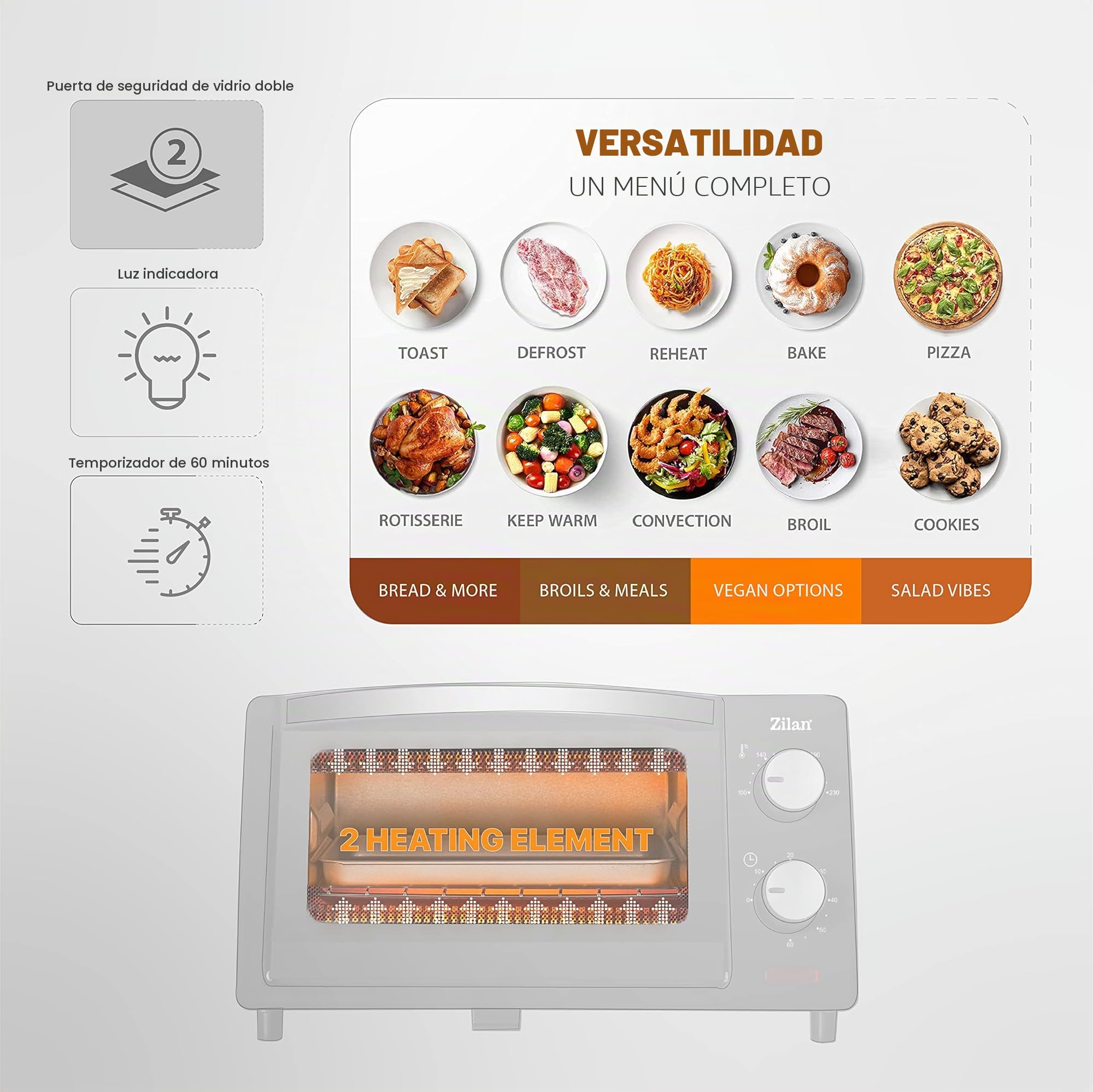 zilan z şekil - Horno eléctrico de 9 litros, doble cristal de seguridad, temporizador, 2 unidades, resistencia al cuarzo, bandeja recogemigas, 1 bandeja cuadrada, rejilla cromada, 800 W, ZLN4328