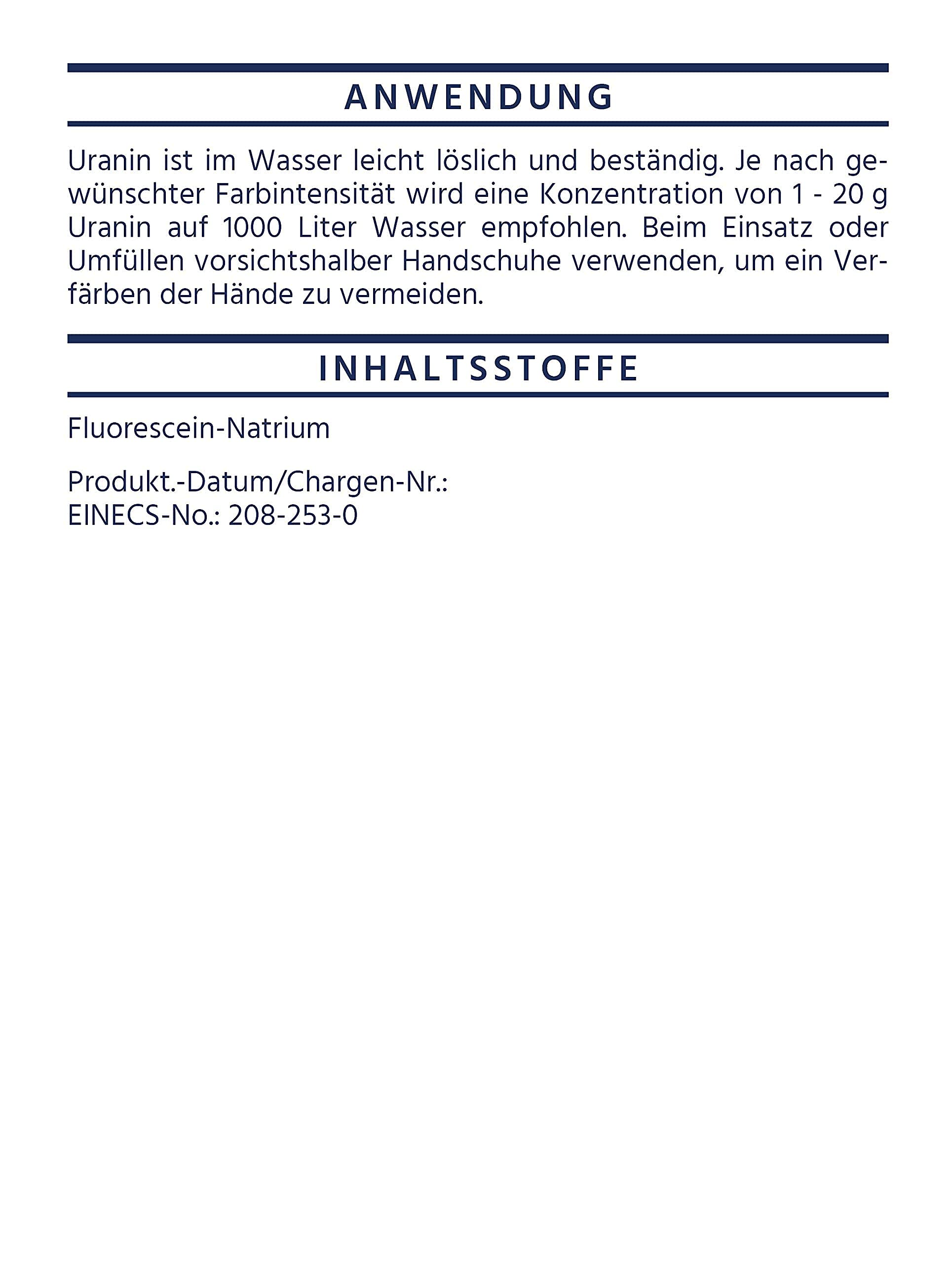 Hanse Pro Uranin, 2 x 100 g I Markierungsfarbstoff I Leckortung I Leckageortung I Dichtheitsprüfung I Wasserfärbemittel I Färbemittel I Pulver I Fluorescein