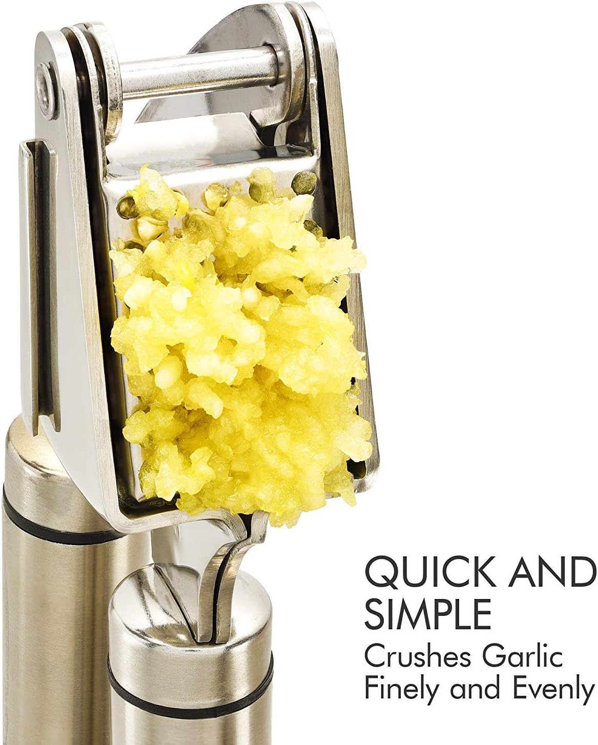 Qlty First Stainless Steel Professional Garlic Press, Crusher Complete Bundle - Includes Silicone Peeler, Cleaning Brush and Garlic Recipe Ebook