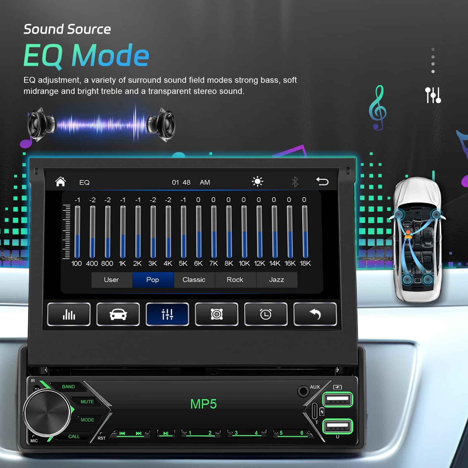 FM RDS 1 Din Autoradio Wireless Carplay Android Auto, Retractable Écran Tactile 7 Pouces Poste Radio Voiture Bluetooth, EQ, Mirror Link, Caméra de Recul, MIC, AUX, USB