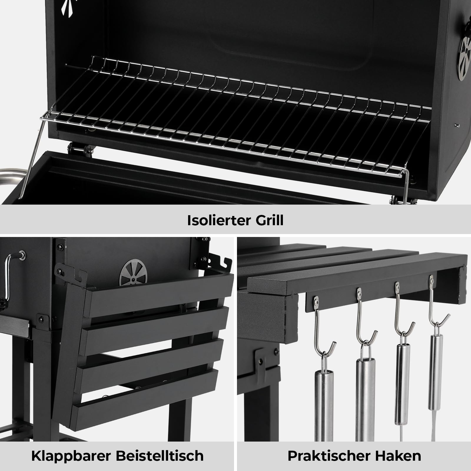 LIFERUN Parrilla Barbacoa Carbon con Tapa, XL BBQ Smoker, Parrilla con Carrito, con 2PCS Ruedas, Termómetro, Grande BBQ Carbon para Camping y Jardín, 102x104x54,5 cm