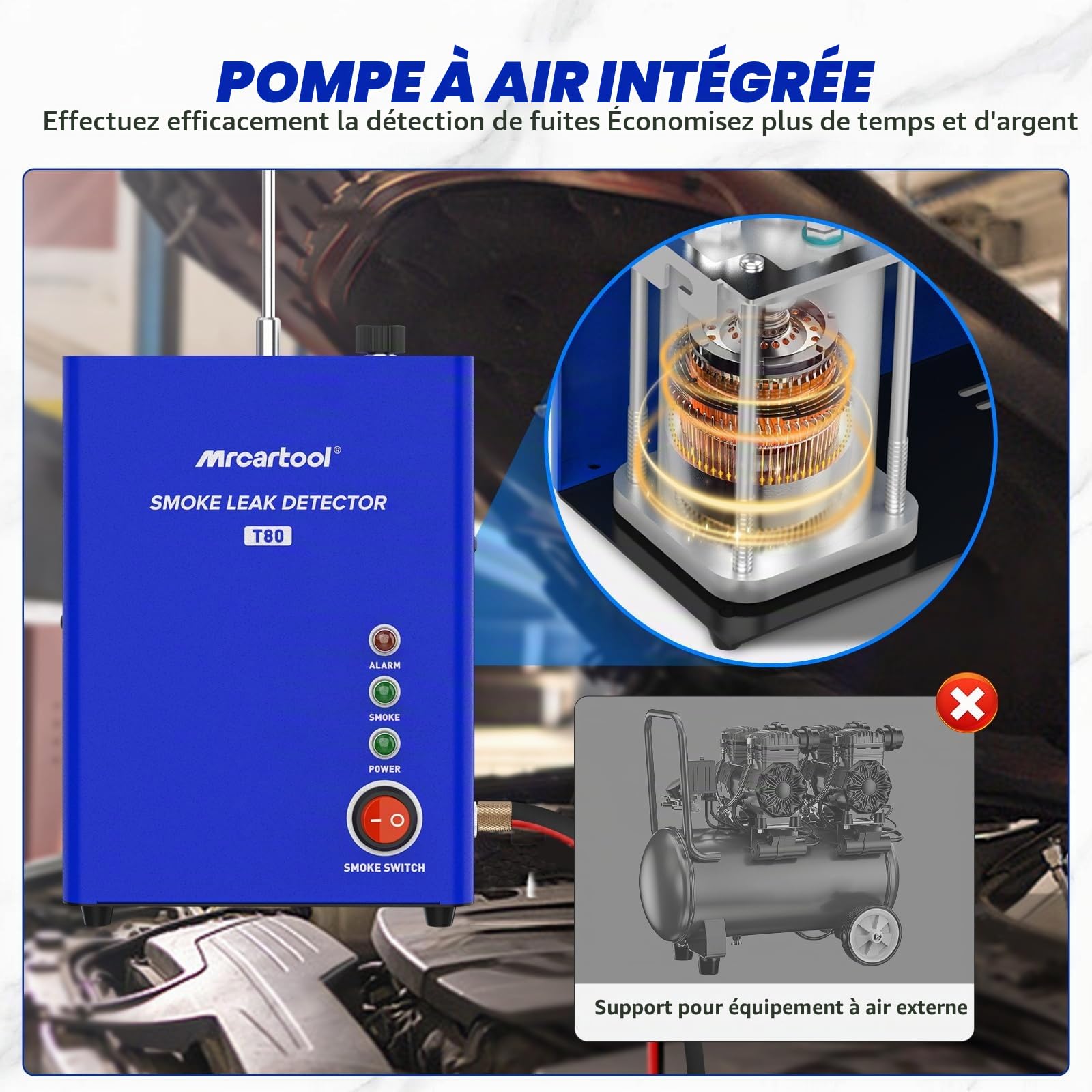 MR CARTOOL T80 EVAP Machine à Fumée Automotive avec Pompe à Air, Automobile Détecteur de Fuite de Fumée de Carburant, DC 12V Testeur de Fuite de Tuyau Automobile sous Vide Test pour 12V Véhicules