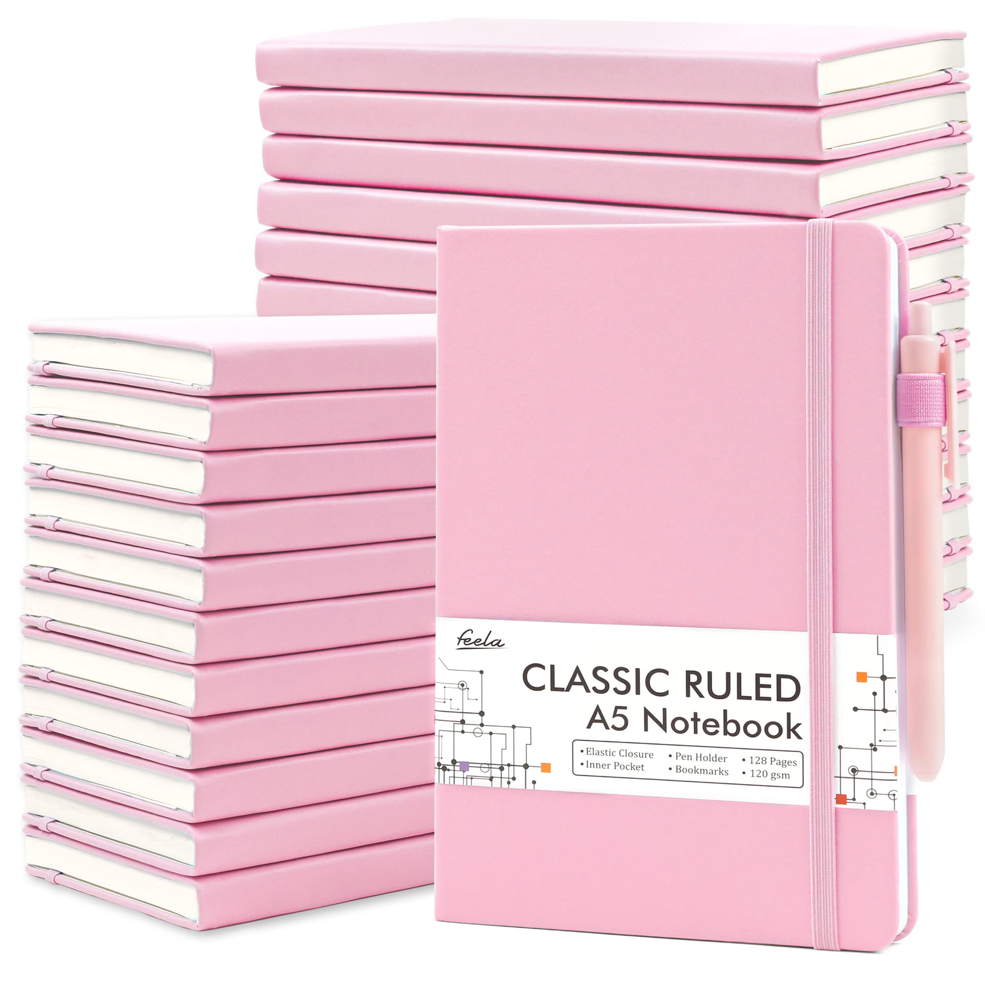 feela 24 Pack Journal Notebook Bulk for Work, Business Notebook Hardcover Lined Writing Journal with Pen Holder for Men Women Note Taking, with 24 Black Pens, 120 GSM, 5.1”x8.3”, A5, Rose Pink