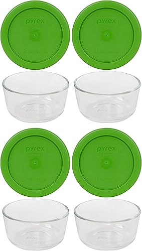 Pyrex (4) cuencos de vidrio 7202 y (4) tapas verdes Pyrex 7202 PC (hechos en los Estados Unidos)