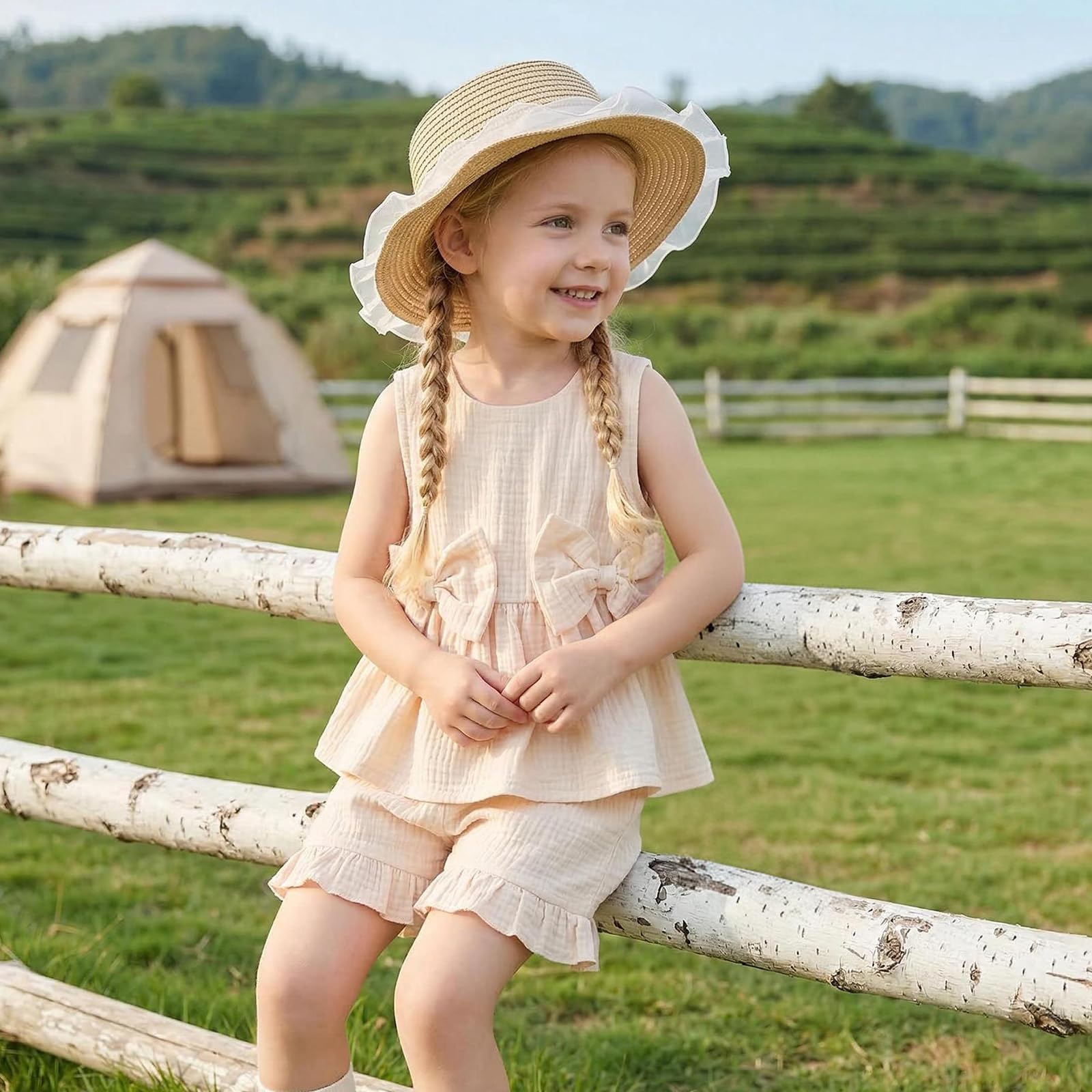 Kupretty Ropa de verano para bebé niña pequeña, traje de lino con lazos, chaleco con volantes y pantalones cortos con volantes, 12, 18, 24 meses, 2T y 3T