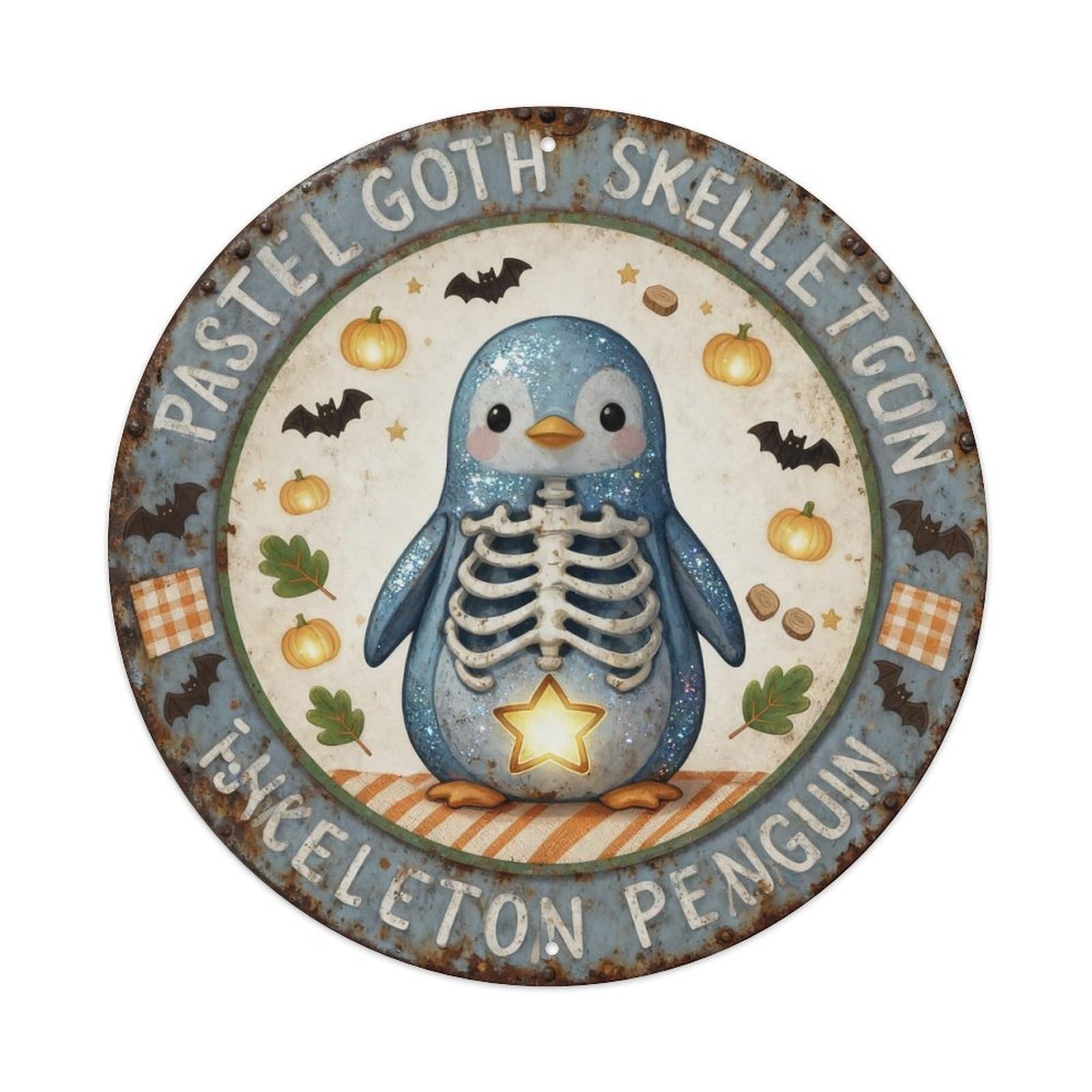 Pastel Goth Skeleton Penguin Metal Tin Sign Plaque