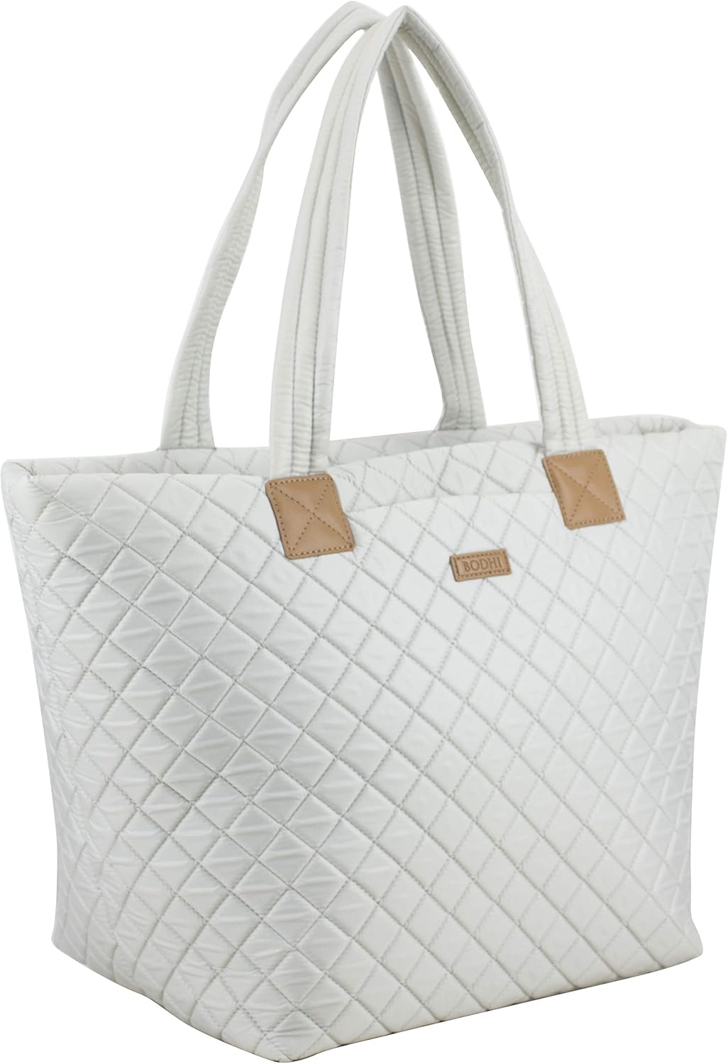 BODHI Quilted Luxe Travel Weekender Purse Shoulder Bag with Trolley Sleeve and Detachable Crossbody Strap, White Iridescent