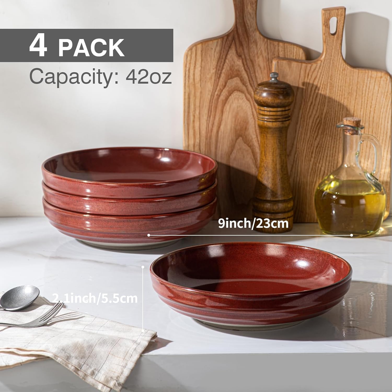 HAPPY KIT 9'' Pasta Bowls, 42oz Pasta Bowls Set of 4, Large Salad Bowl, Ceramic Serving Bowls,Double Reactive Glaze, Ideal for Housewarming, Festivals, Microwave Safe (Dark Ruby) - Image 5