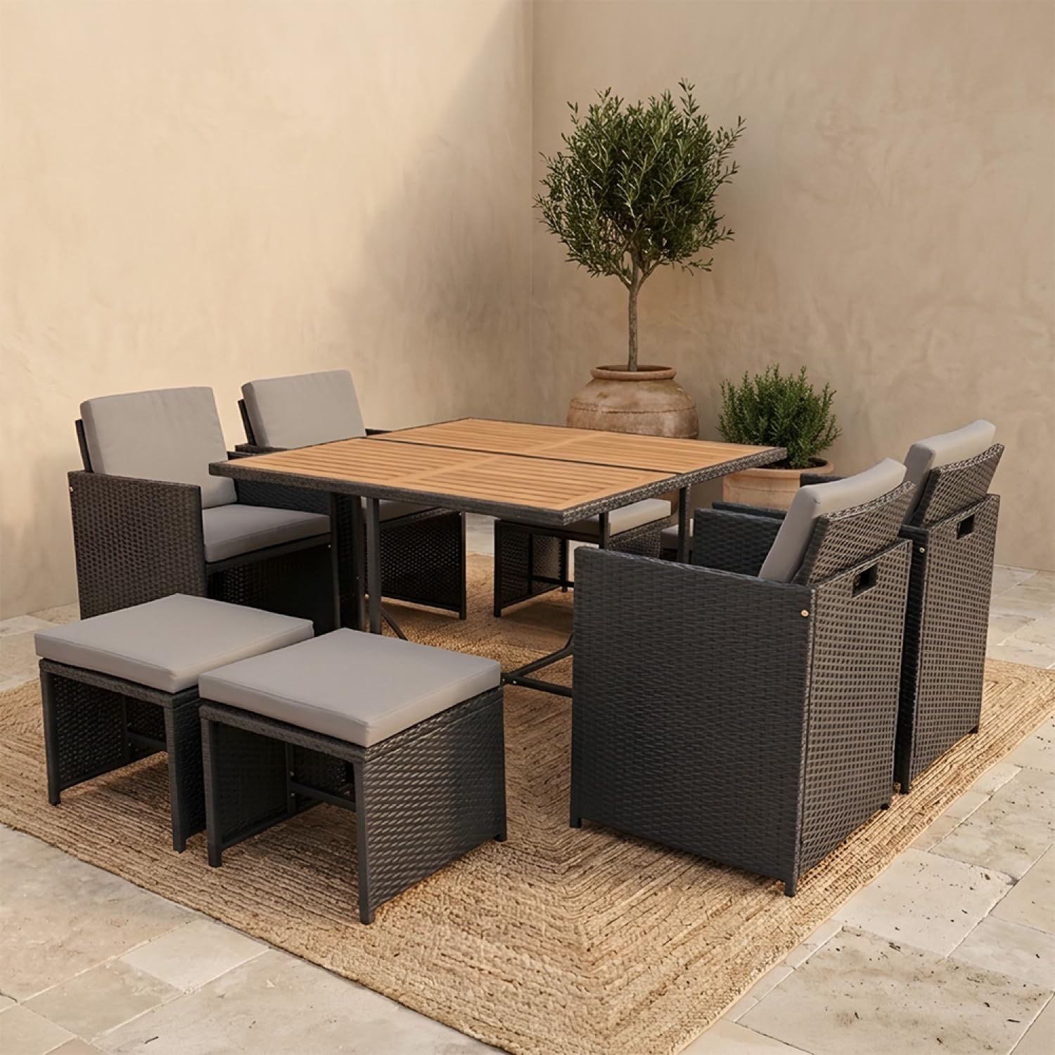 CONCEPT USINE Salon de Jardin Encastrable Toledo 8 Places Noir et Gris