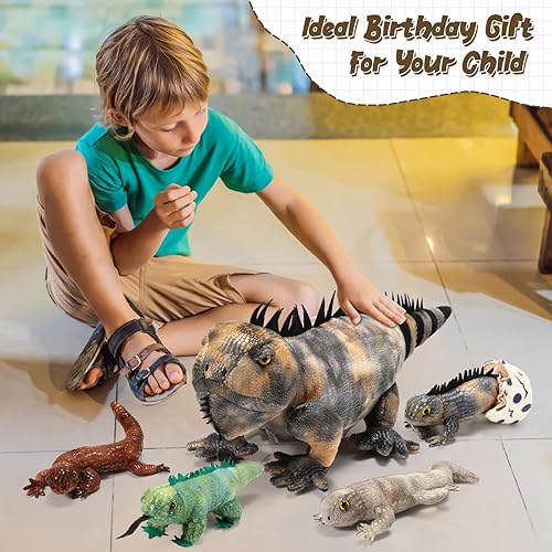 Miniatura 6 de Juego de 5 juguetes de peluche de lagarto de iguana de 26 pulgadas con 4 lagartos de peluche, peluche de iguana de simulación para cumpleaños de