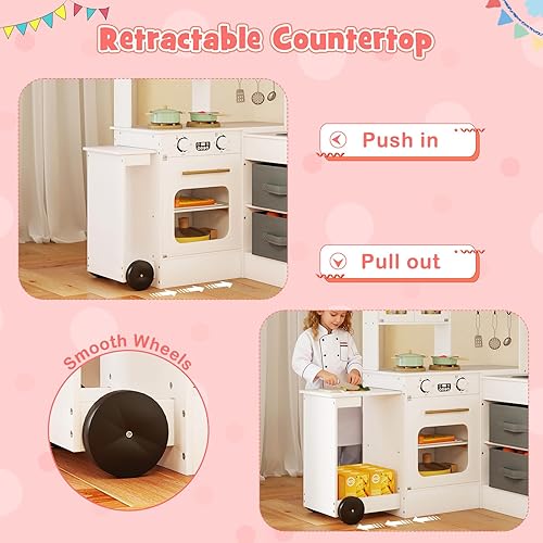 Miniatura 2 de HONEY JOY Cocina de esquina con carrito rodante, juego de cocina de juguete de simulación de madera con luces, máquina de hielo, estufas, utensilios