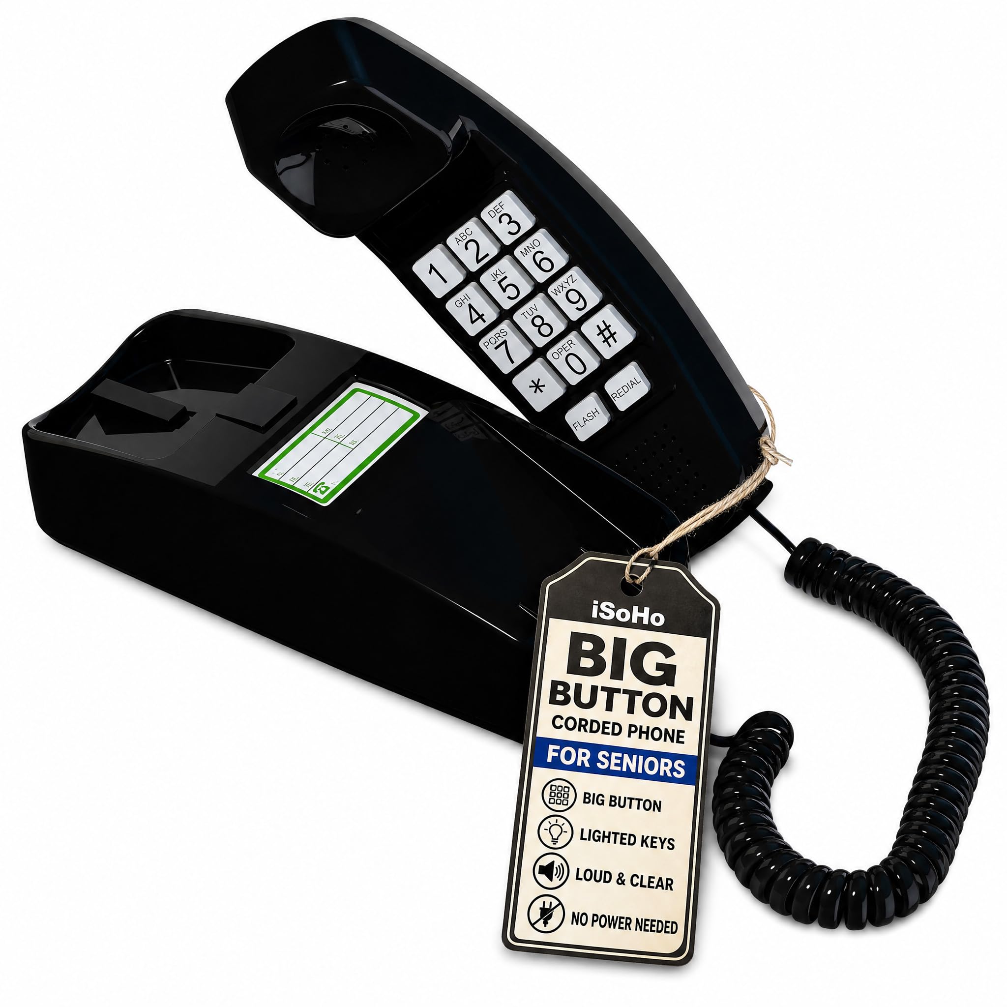 iSoHo Big Button Corded Phone for Seniors – Easy-to-Use Landline with Lighted Keypad, Ergonomic Handset &amp; No Power Needed – Retro Home Phone for Elderly, Visually Impaired &amp; Hard of Hearing, Black
