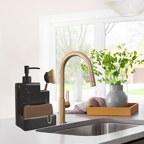 Miniatura 3 de Dispensador de jabón con soporte de esponja y soporte para cepillo, bomba dispensadora de jabón de platos de cerámica, organizador de jabón líquido