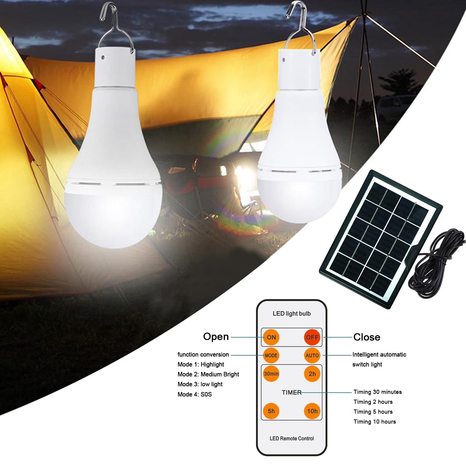 Lampadina a LED a energia solare, da 9 W, con telecomando e 3 modalità, 350 lumen, con carica USB, per giardino, patio, escursionismo, campeggio, pesca, illuminazione