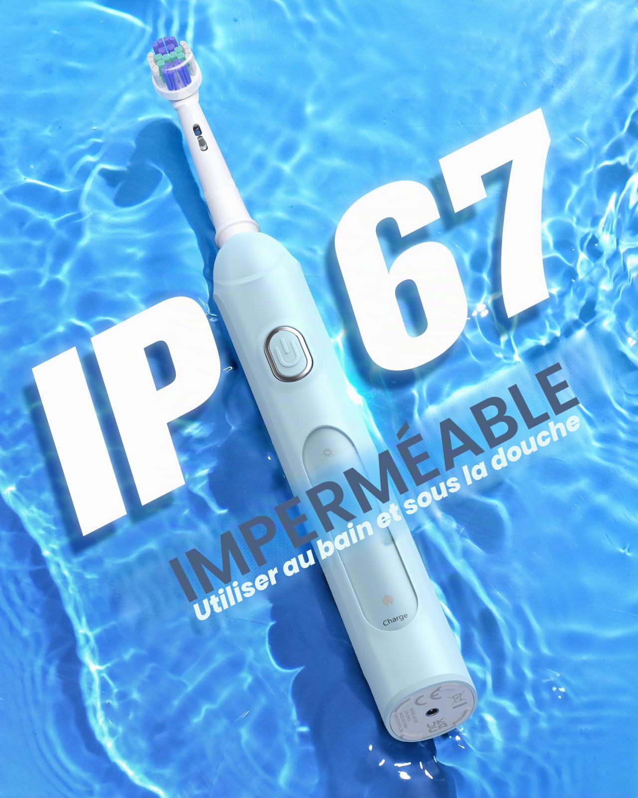 Brosse à dents électrique rotative pour adultes avec 8 têtes de brosse (2 types), puissance rechargeable et 2 minutes de temps intelligent, 4 modes de nettoyage (bleu ciel)