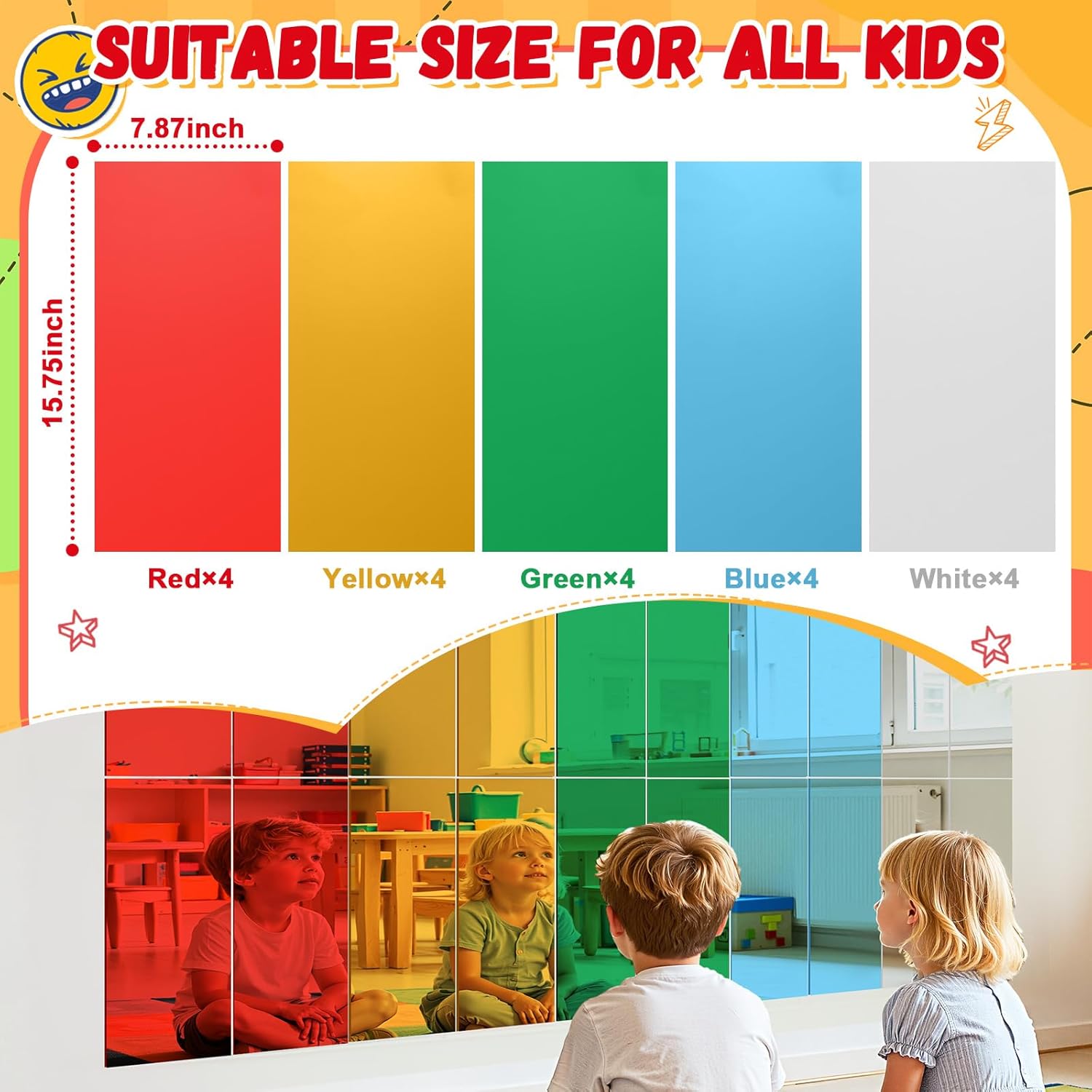 Geiserailie 20 Pcs 5 Color Square Sensory Wall Mirror Acrylic Bubble Mirror for Wall Decoration Toys for Kids Home or Classroom - Sensory Room Decor - Visual, Tactile Stimulation