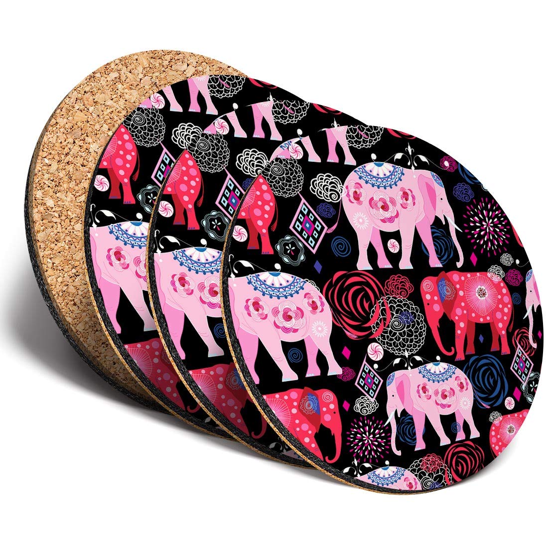 Destination Vinyl Ltd Multicolor Great Coasters (Set Of 4) Round - Pink Indian Elephant Animals Drink Glossy Coasters/Tabletop Protection For Any Table Type #8405