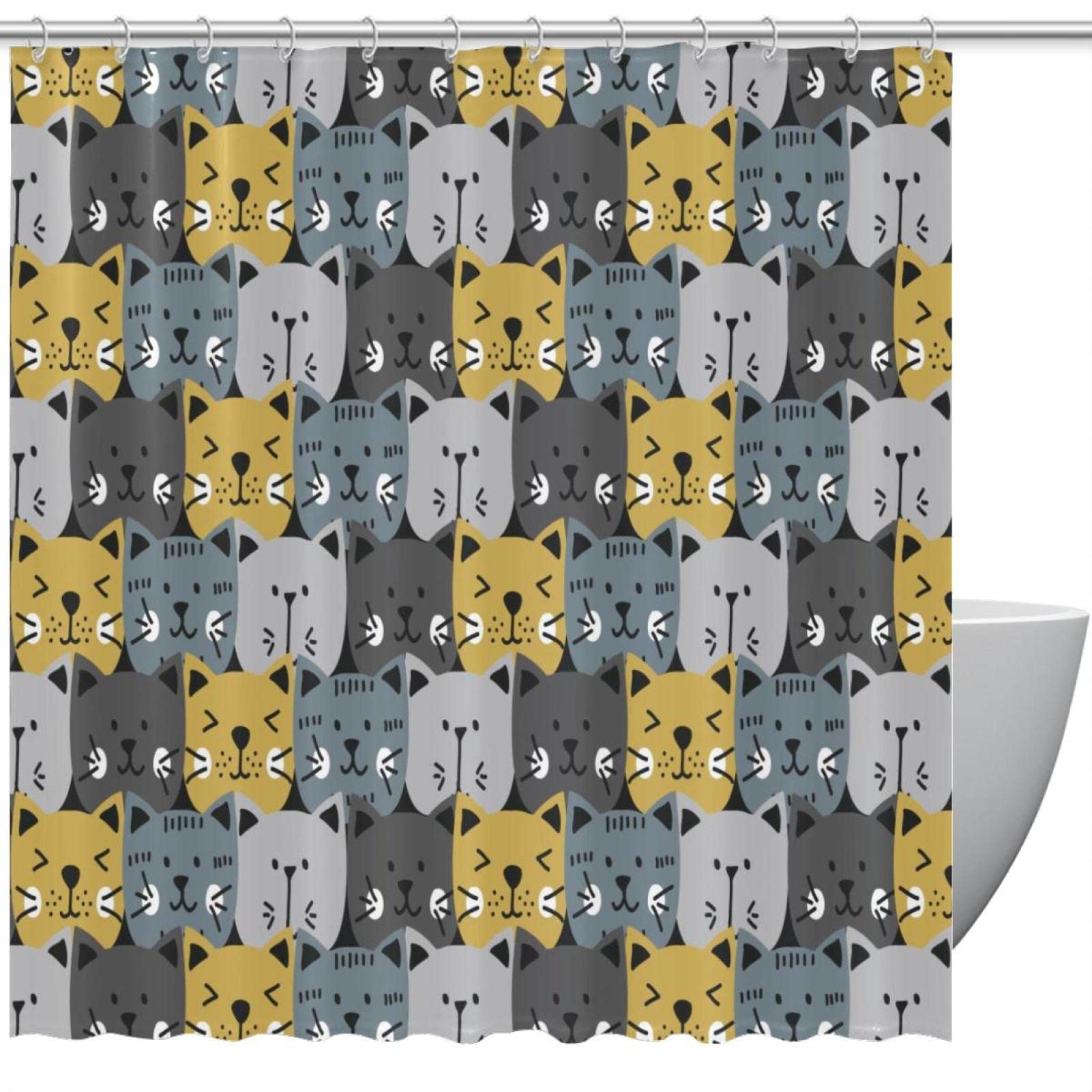 Rideau de douche chat imprimé moderne jaune et gris 152 x 183 cm avec anneaux