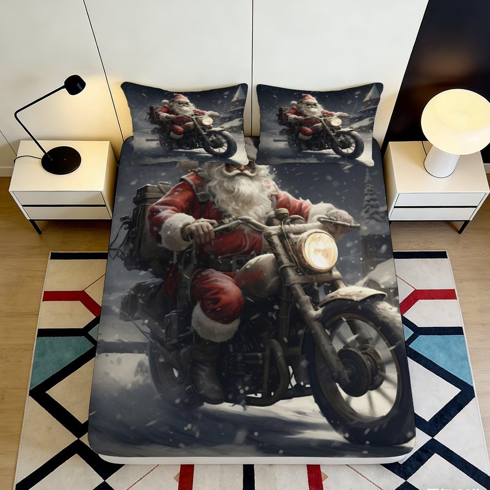 3D Printed Biker Santa Fitted Sheet Microfiber Deep Pocket Non-Slip Bedroom Bedding Christmas Santa Mattress Fitted Cover Washable 90x200x25cm
