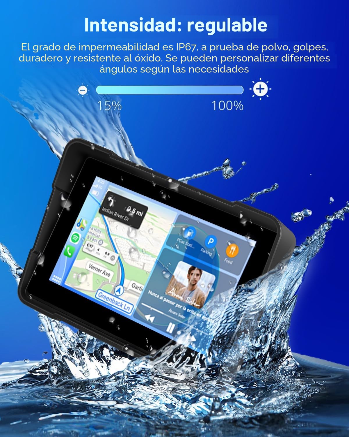 Inalámbrico Carplay Motorbike Navi Android Auto, 7 Pulgadas Pantalla Táctil Carplay Portátil para Motos, Radio de Coche para Motos con Airplay/Android Cast/Doble Bluetooth/Navegación/IP67 Impermeable