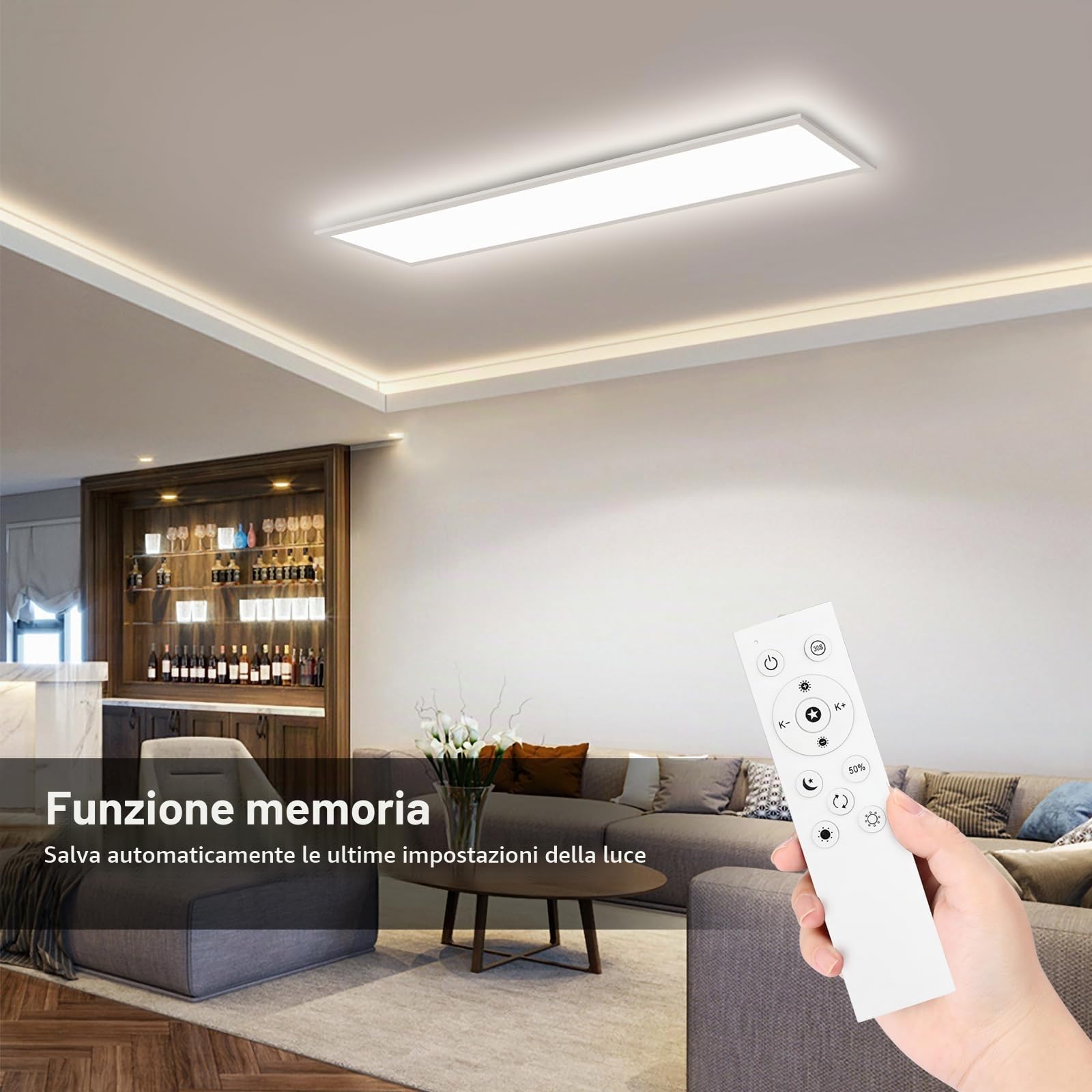 Plafoniera LED Soffitto 120x30cm Dimmerabile con Telecomando, 40W 4400lm 3000K-6500K - Pannello Luce Moderno per Soggiorno, Cucina, Ufficio e Officina