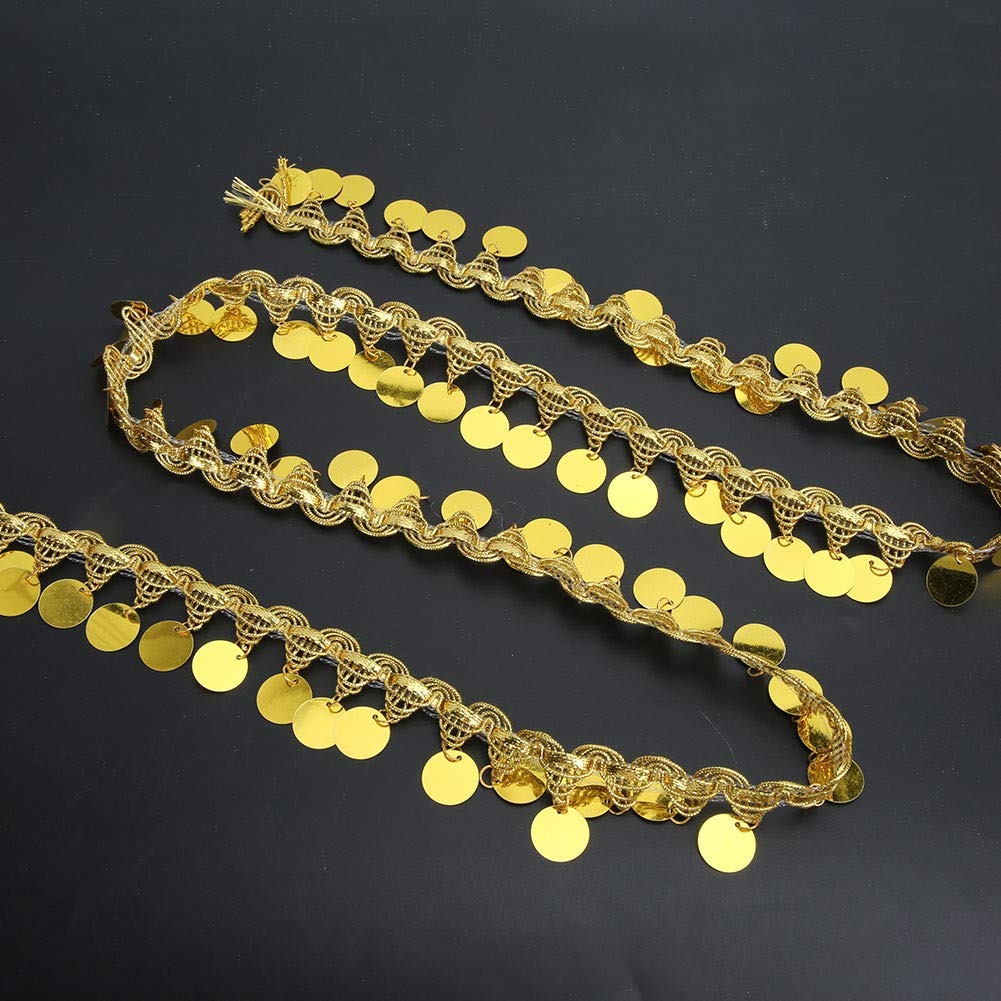 Borla de Danza del Vientre, 10 Yardas Cadena de Danza del Vientre Lentejuelas Bufanda de Danza del Vientre Brillante Accesorios de Decoración de Ropa Nacional Adornos de Disfraces de Baile(Oro)