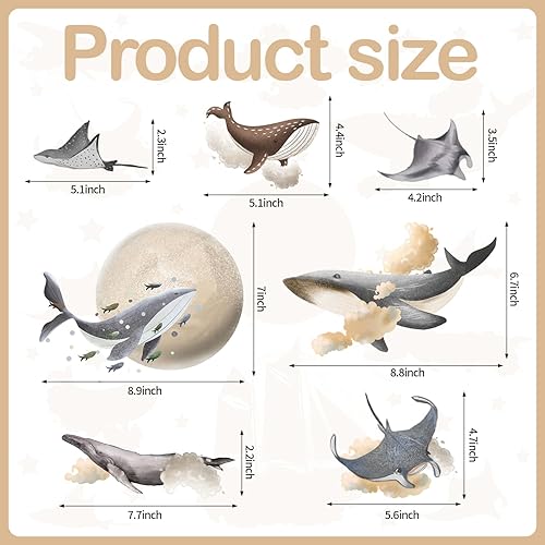Miniatura 6 de Calcomanías de pared de océano para niños, calcomanías creativas de acuarela de tiburón ballena para niños, decoración náutica con luna, estrellas,