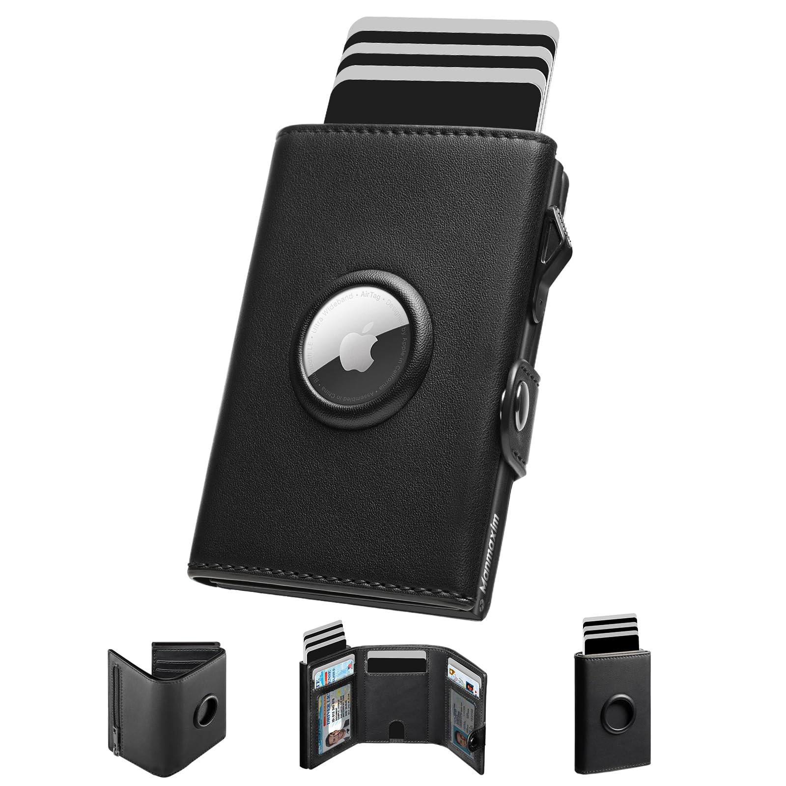 AirTag Portefeuille pour Homme avec Blocage RFID, Compact Air Tag pour 12 Cartes, Porte-Monnaie Pop-up avec Compartiment à Monnaie et 2 fenêtres d'identité, Noir