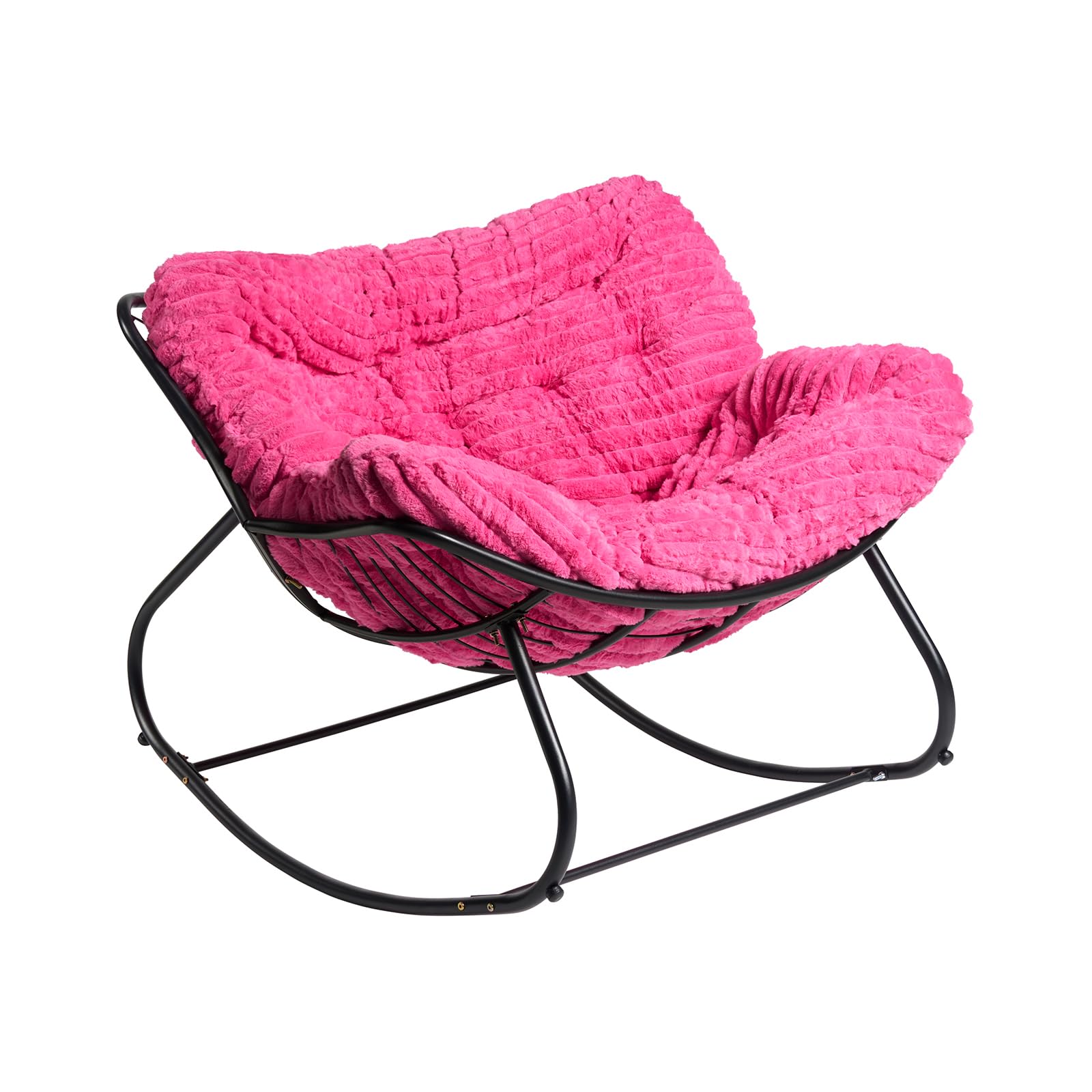 OHS Rocking Chairs for Adults, Faux Fur Ribbed Upholstered Fabric with Curved Metal Frame Lounge Chairs Modern Comfy Relaxing Home Nursing Chair for Living Room Bedroom Balcony, Hot Pink