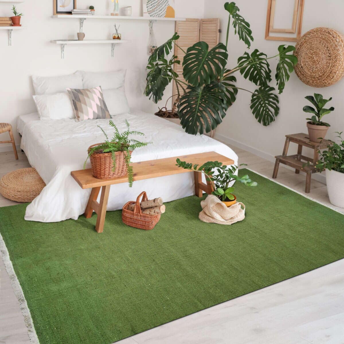 Tapis en jute et coton avec franges vert foncé 120x170 - style bohème