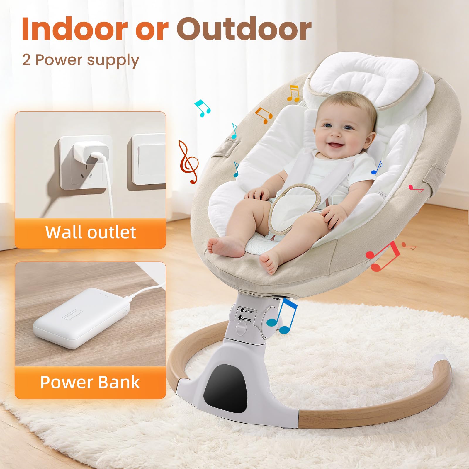 Silla mecedora eléctrica para bebé desde el nacimiento, 0-6 meses (beige)