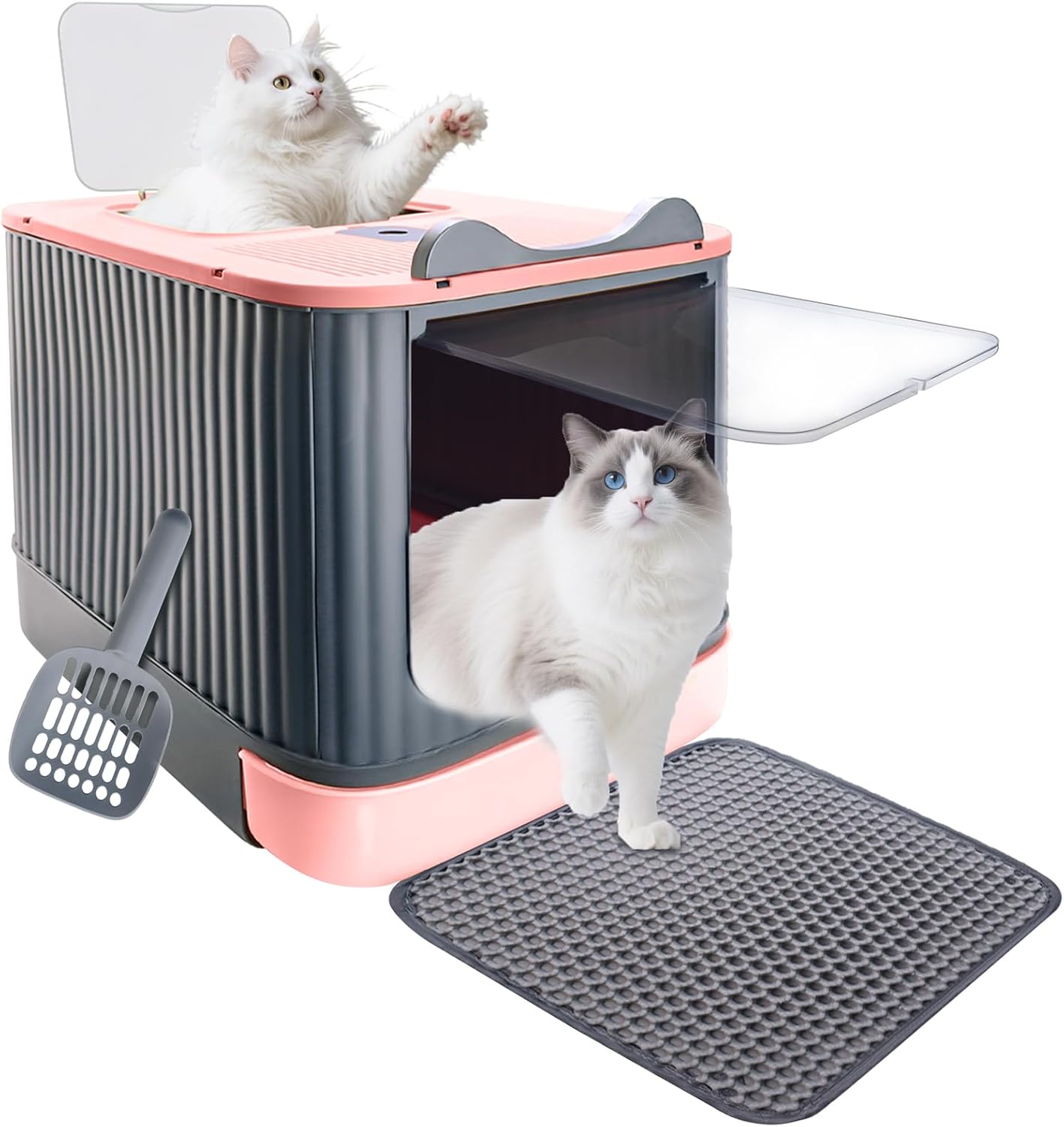 Cat Litter Box with Litter Mat, 17"x14"x13" Large Litter Box for Big Cats, Enclosed Removable Litter Boxs, Front Entry Top Exit Kitty Box, Odor Control, Easy to Clean (Pink Gray)