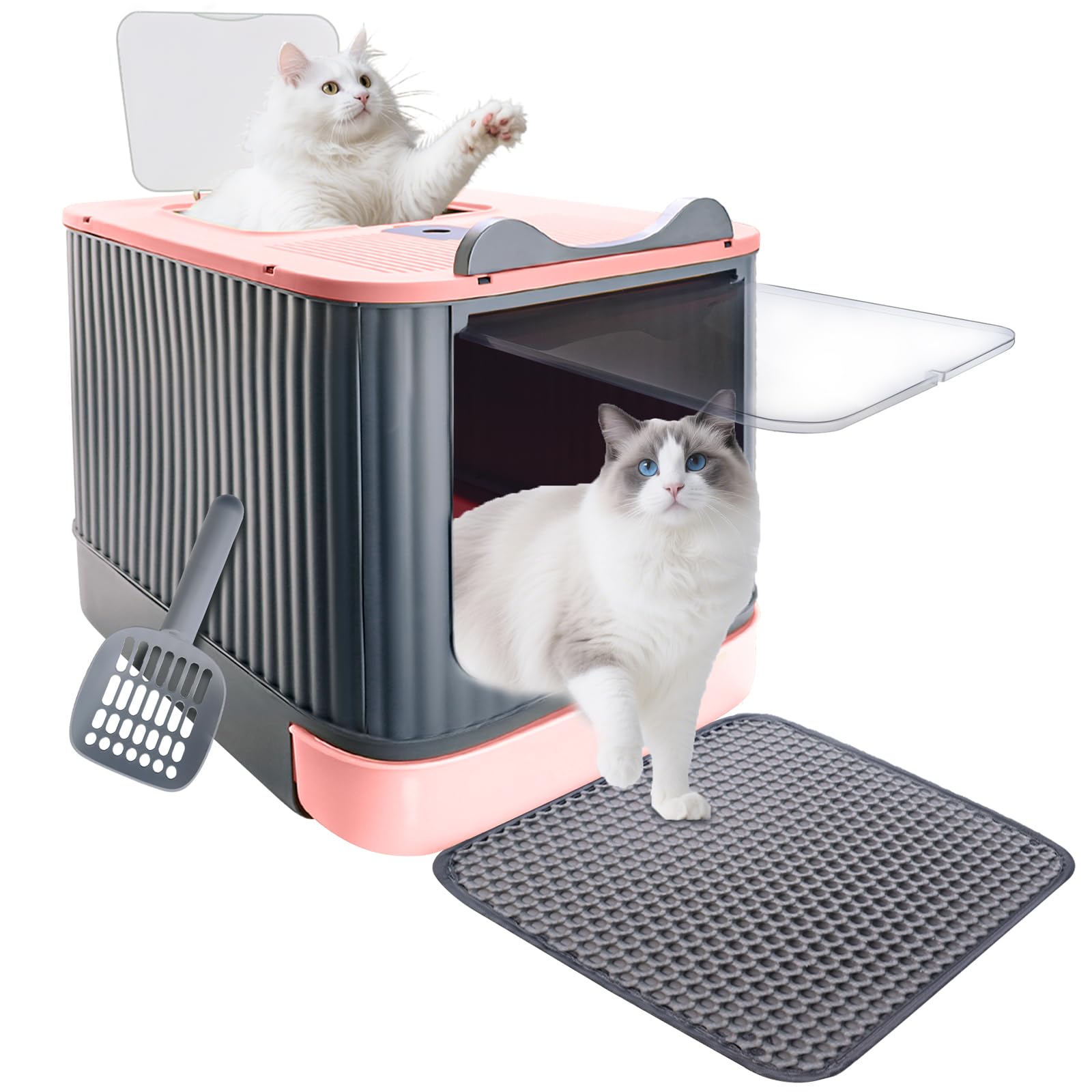 Cat Litter Box with Litter Mat, 17"x14"x13" Large Litter Box for Big Cats, Enclosed Removable Litter Boxs, Front Entry Top Exit Kitty Box, Odor Control, Easy to Clean (Pink Gray)