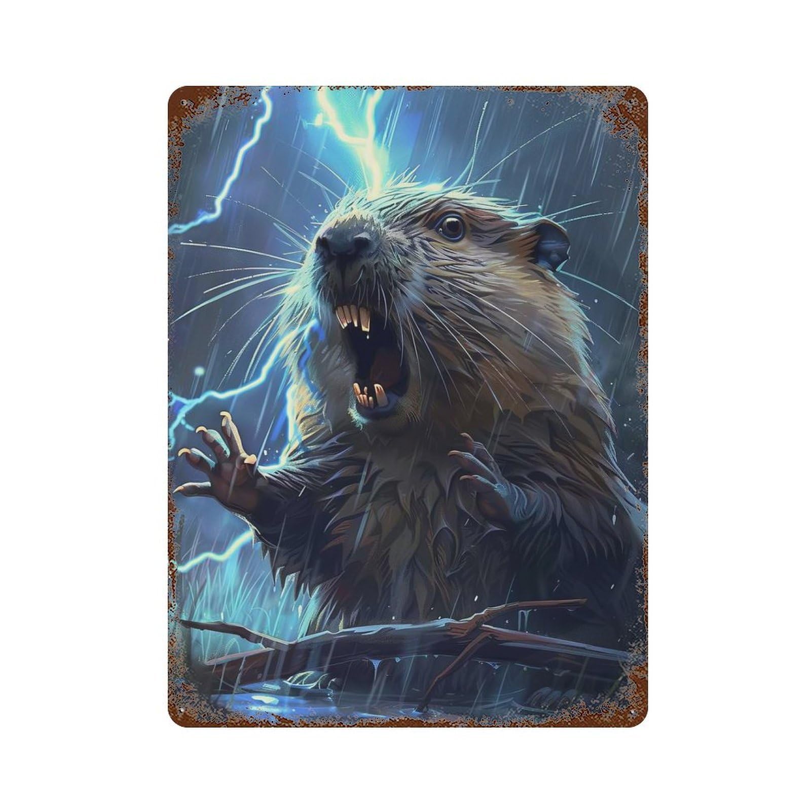 Garage Style Beaver Lightning Vintage Rust Metal Sign 15.7"x11.8", Industrial Home Decor for Bar And Workshop