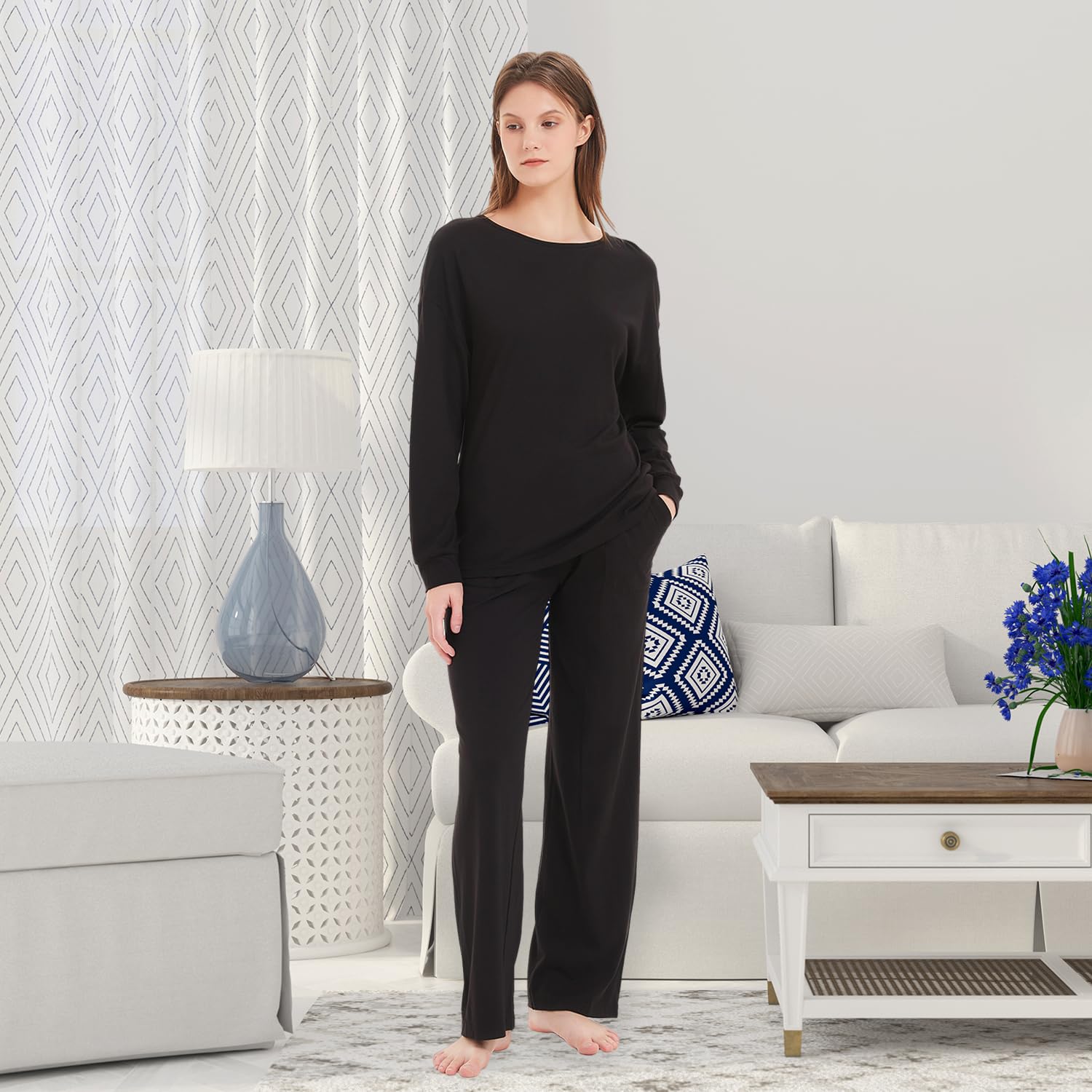 Conjunto de pijama de punto suave para mujer, ropa de dormir acogedora de algodón y modal Tejido transpirable