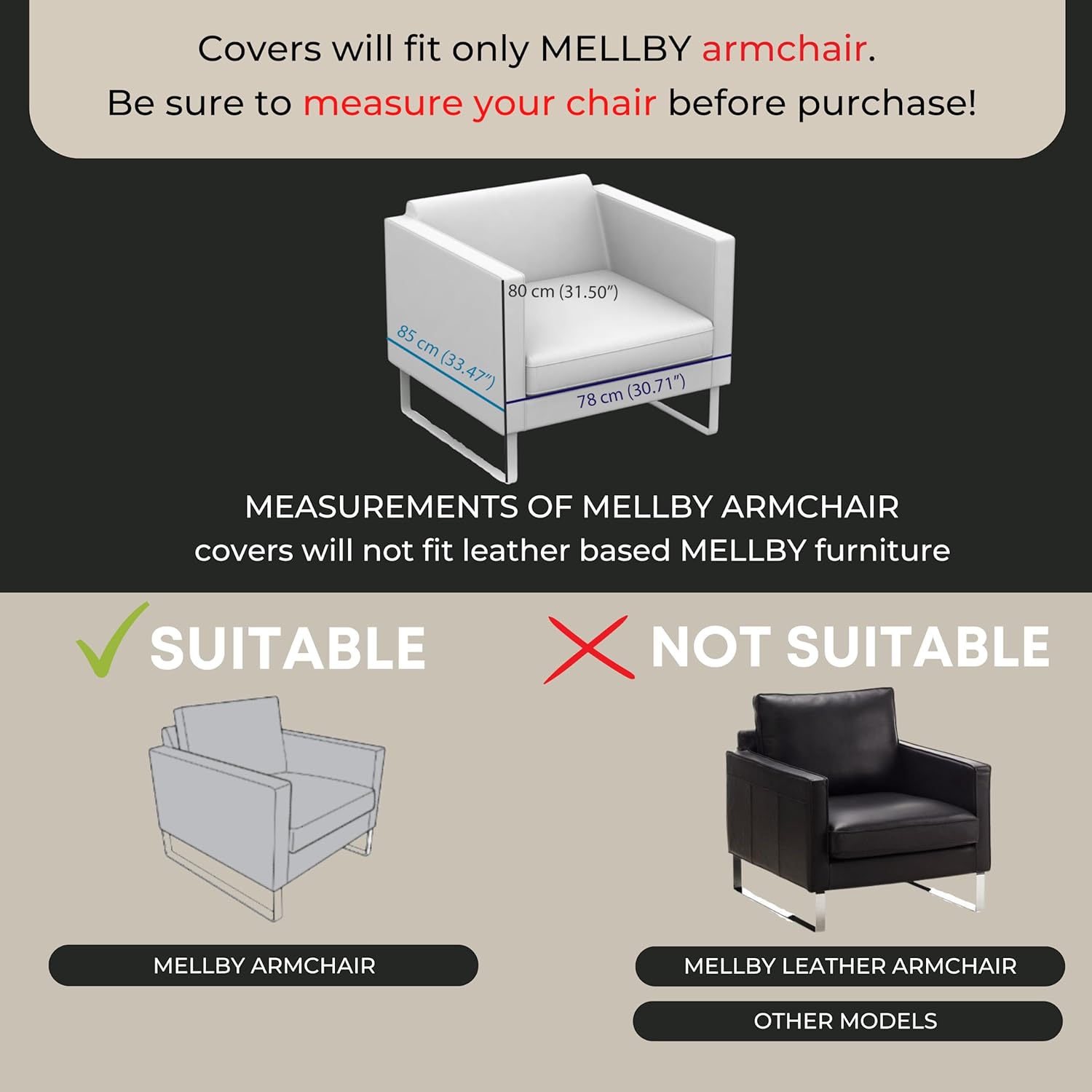 comfortly | Cover for Mellby Armchair, Replacement Slipcover, Heavy Duty 3 pcs Cover, Pets and Stain Proof Durable Nano-Tech Fabric, Easy to Clean & Replace (Cashmere Blends - Anthracite)