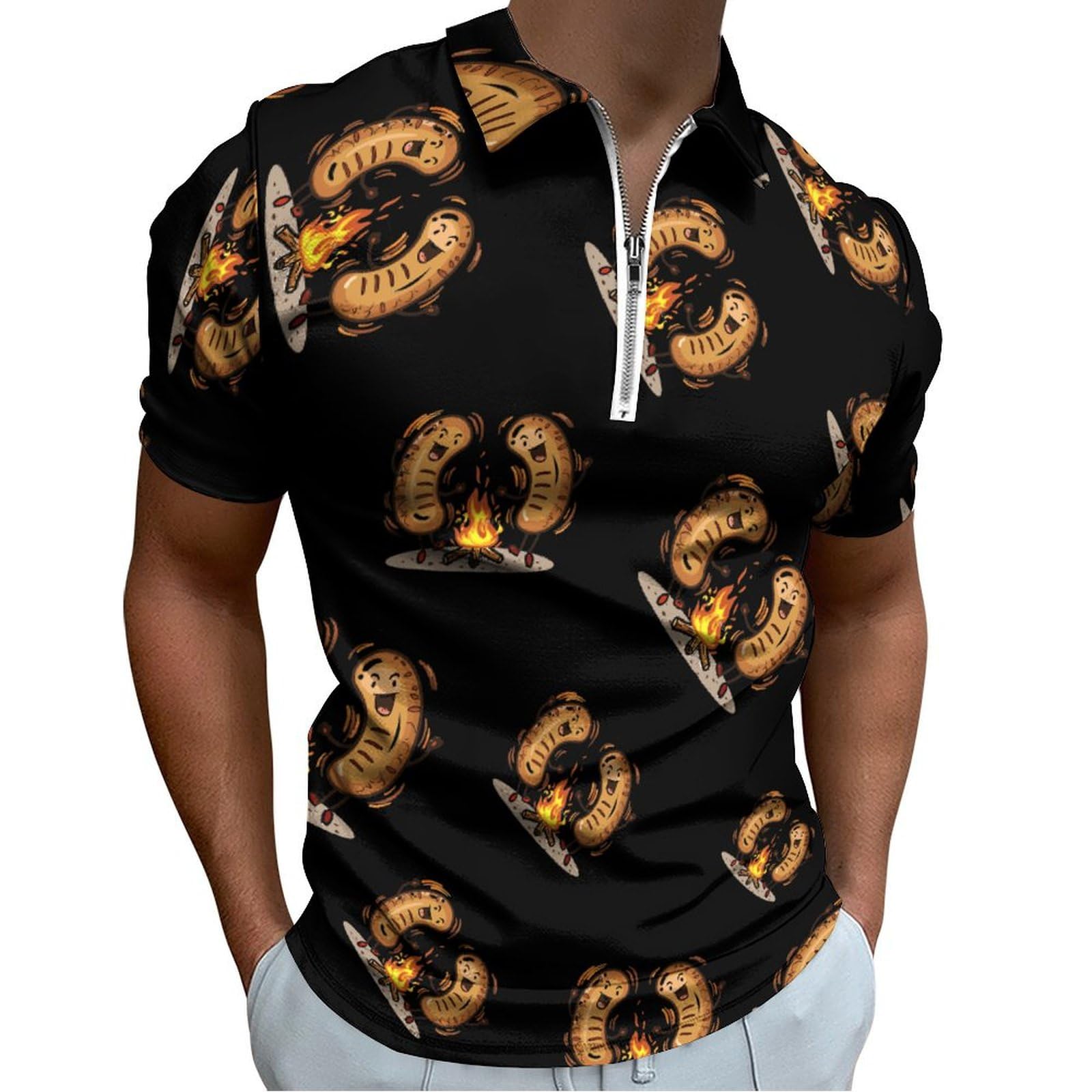 Dancing Sausage Men's Zipper Polo Shirts Short Sleeve Casual Slim Fit Golf Shirt M