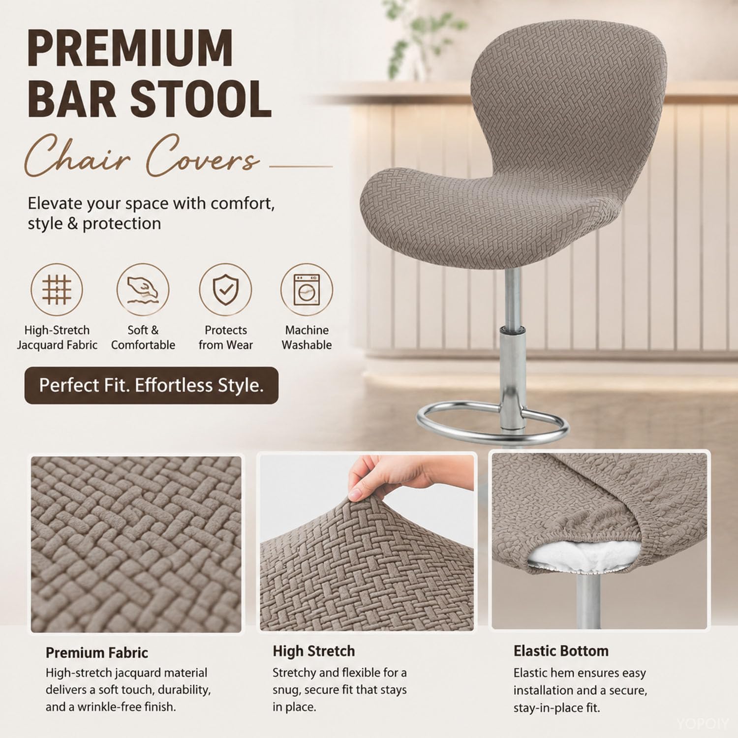 YOPOIY Juego de 6 fundas elásticas para taburetes de bar, 4 y 2, fundas giratorias de jacquard para taburetes de bar, protector de silla de pub con respaldo bajo y parte inferior elástica (color negro