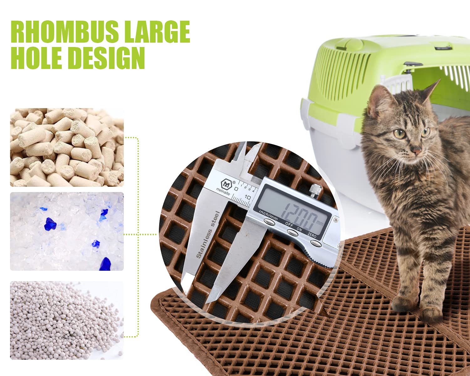 Pecute Tappetino Lettiera Gatto (60 * 42cm, Nero), Tappetino Sabbia Gatto Utilizzato in Varie Lettiere, Doppio Strato Tappetini Igienici con Grandi Fori, Impermeabile e Antiscivolo, Facile da Pulire