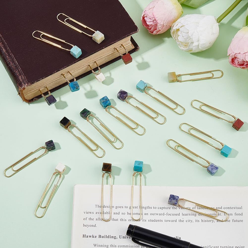 CRASPIRE 20Pcs 10 Colors Natural Stone Paper Clip Beaded Bookmark Gemstone Paperclip Large Size 2.3" Planner Clamp Diary Calendar Office School Notebook Scrapbooks Teacher Stationery Journaling Marker image 4