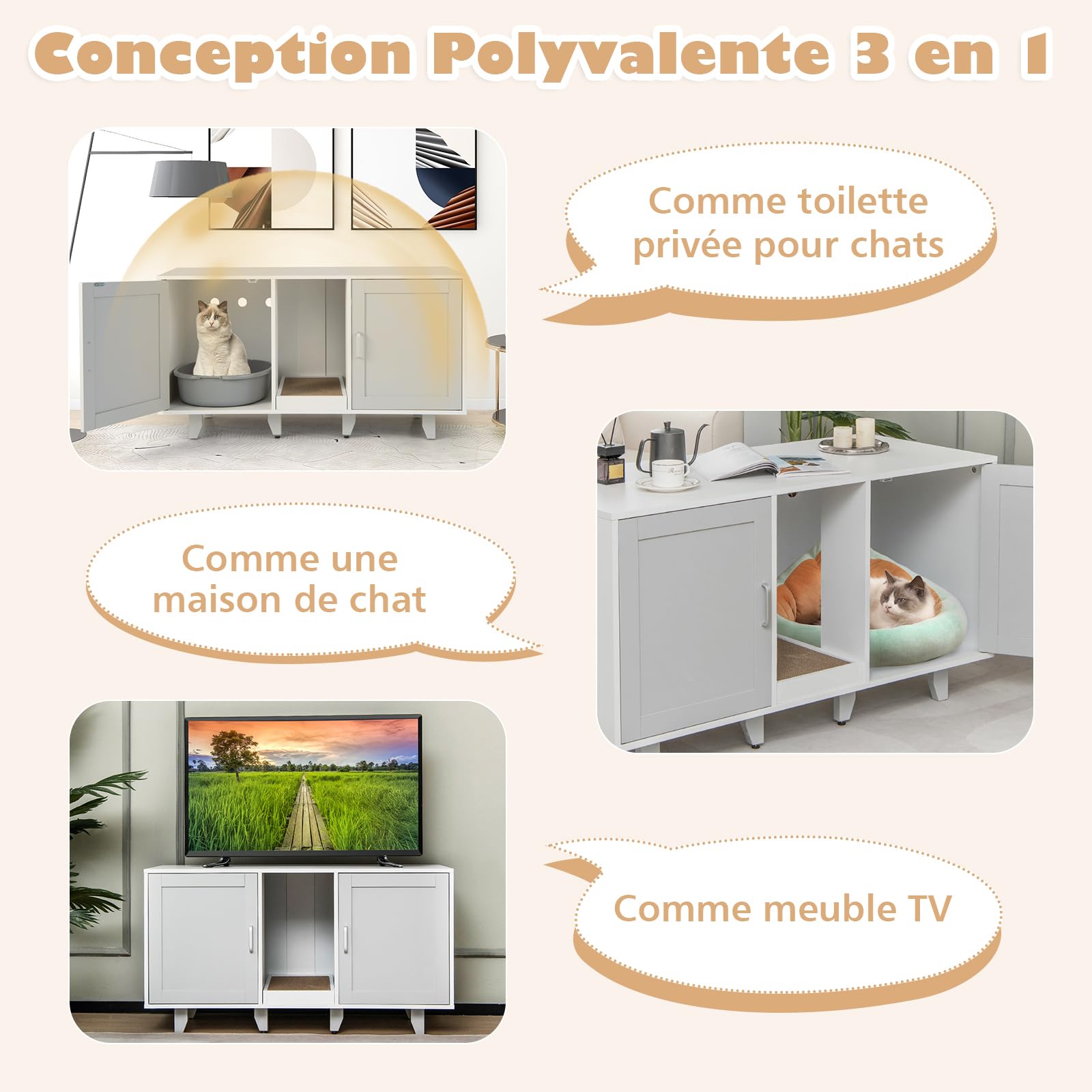 GOPLUS Meuble Litiere Chat 3 en 1, Maison de Toilette Chat en Bois 52x120x65CM, Cache Litiere avec 2 Porte, Pieds Réglables, Planche à Griffer Détachable, Trou de Ventilation, Table TV, Moderne