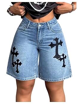 WDIRARA Women's Cross Embroidery Raw Hem Straight Leg