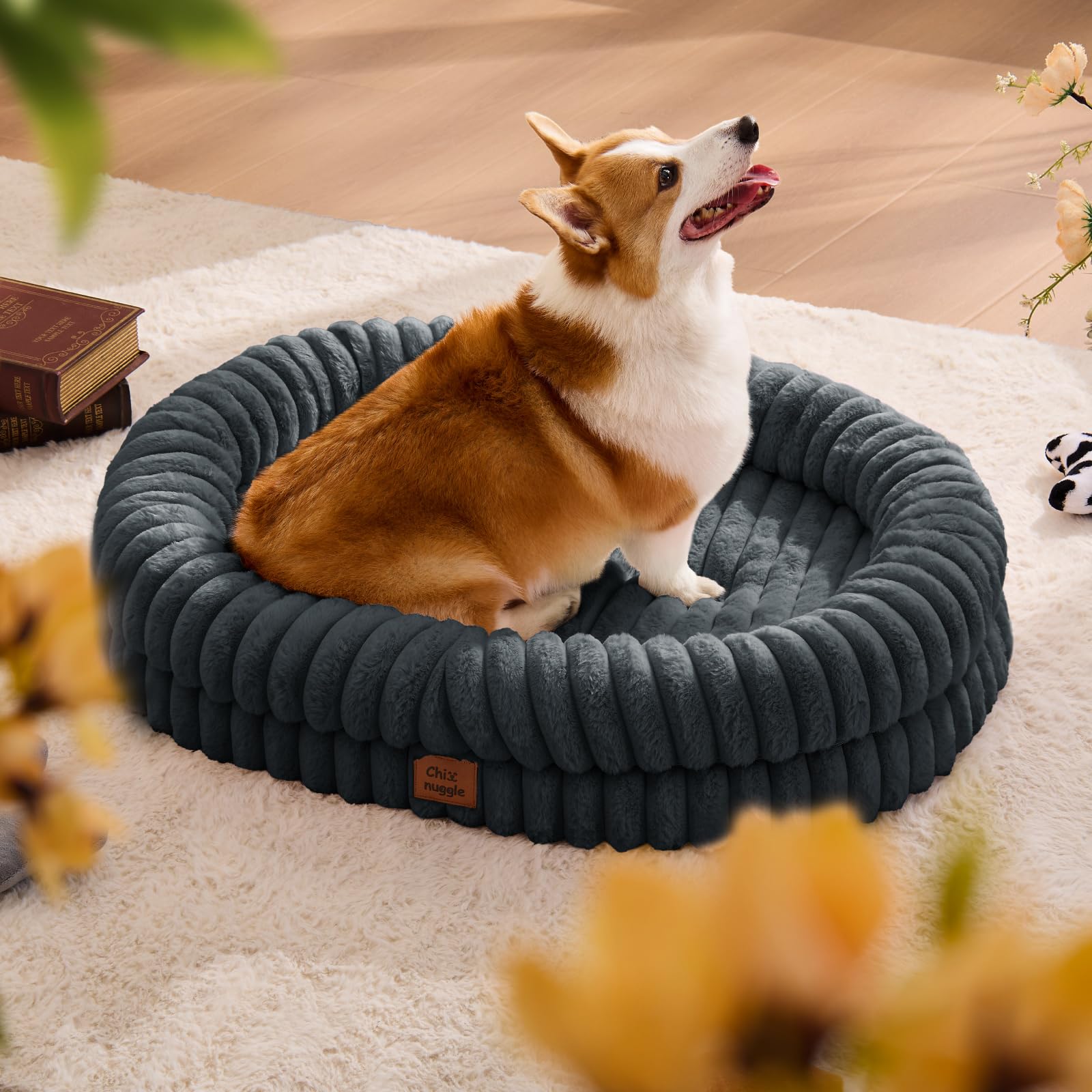 Dog Bed Large Sized Dog - Luxury Striped Faux Fur Waterproof Pet Couch with Removable Washable Cover, Orthopedic Pet Bed with Bolster Sides for Sleeping, Dark Grey - image 2