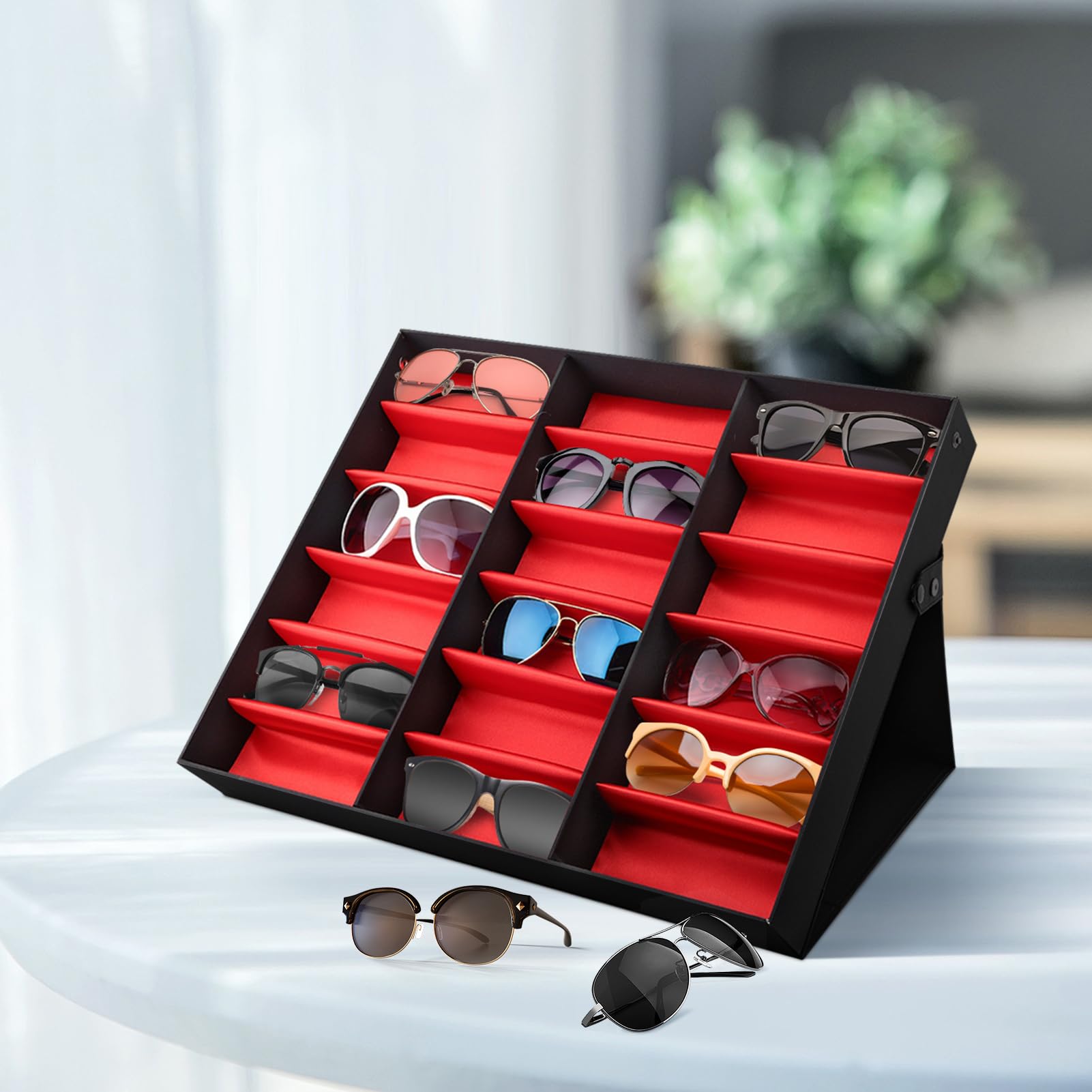 Wakects Scatola Porta Occhiali da 18 Posti, Custodia Espositore per Occhiali da Sole, Nero e Rosso, 47x37x6 cm