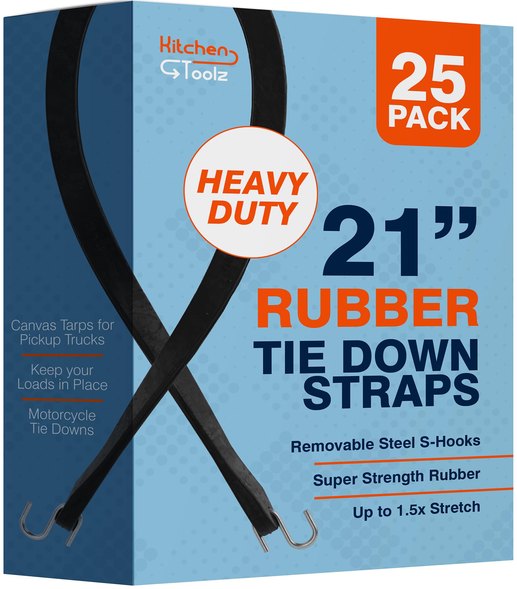 kitchentoolz 25 Pack de 21 Pulgadas de Goma Lona Correas. Cuerda elástica con los Ganchos (32" MAX Stretch)-Heavy Duty Natural Rubber Tarp Correas