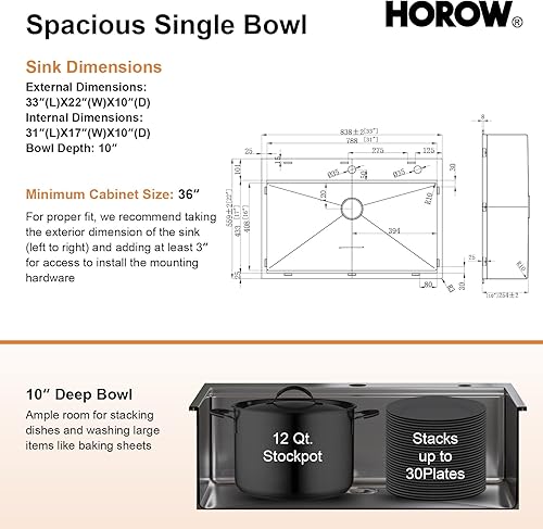 Miniatura 8 de HOROW Fregadero de cocina con estación de trabajo de 33 pulgadas, fregadero de cocina de calibre 18 para cocina, fregadero de acero inoxidable 304