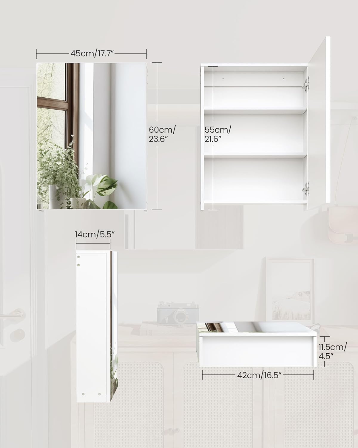 Wall-Mounted Bathroom Vanity with Mirror, Medicine Cabinet with Storage Function, Hanging Storage Cabinet, Adjustable Shelves, White