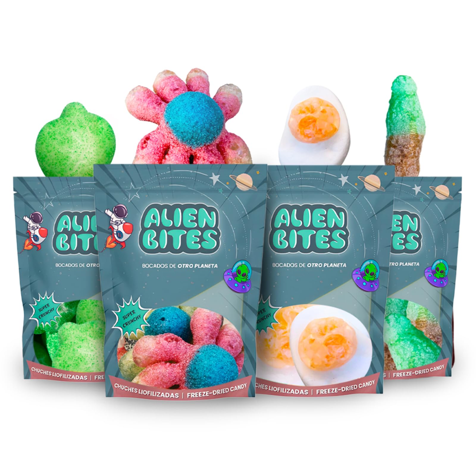 Alien Bites - Pack de 4 Bolsas de 50g de Chuches Liofilizadas - Gominolas Freeze Dried - Chuches para Cumpleaños, Regalos y Snacks - Sin Gluten (Pulpo, huevo, manzana, cola) (P1)