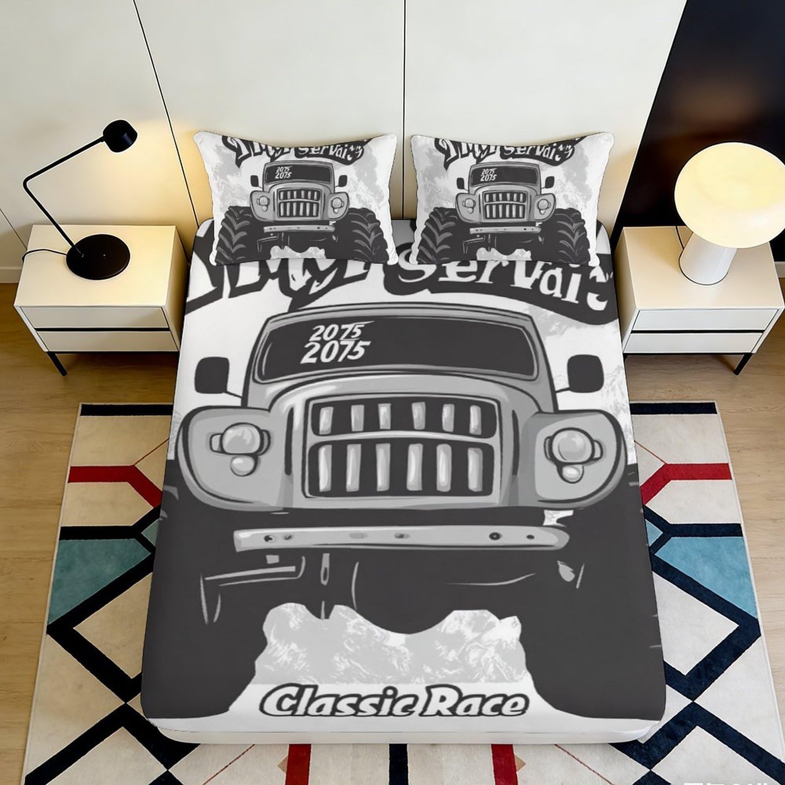 3D Printed Classic Race Fitted Sheet Microfiber Durable Soft 3D Printed Truck Bed Cover for Bedroom Dormitory Guest Room Mattress Protection 180x200x25cm