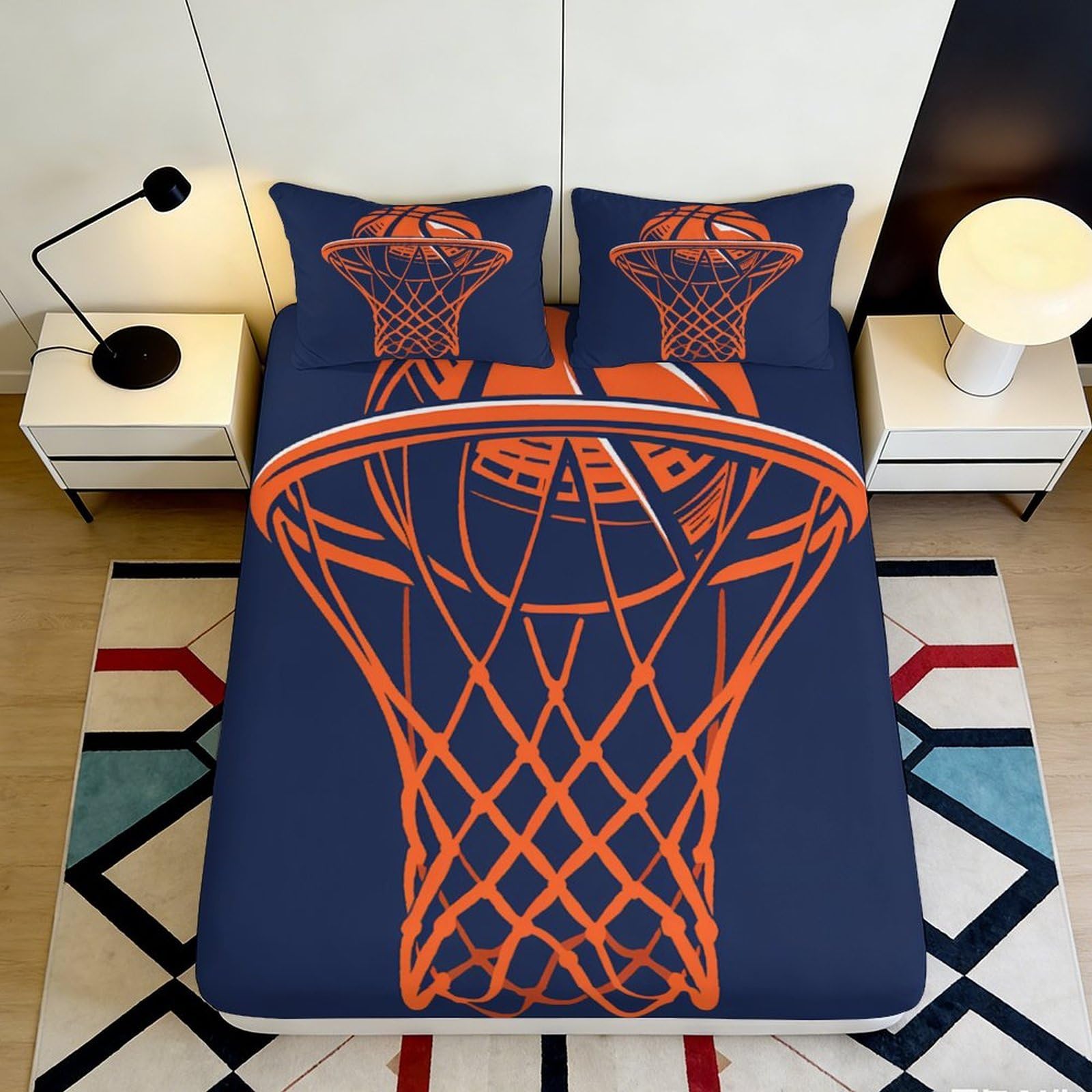3D Printed Basketball Hoop Fitted Sheet Microfiber Blue Orange Sports Mattress Cover for Bedroom Dorm Home Décor 90x200x25cm